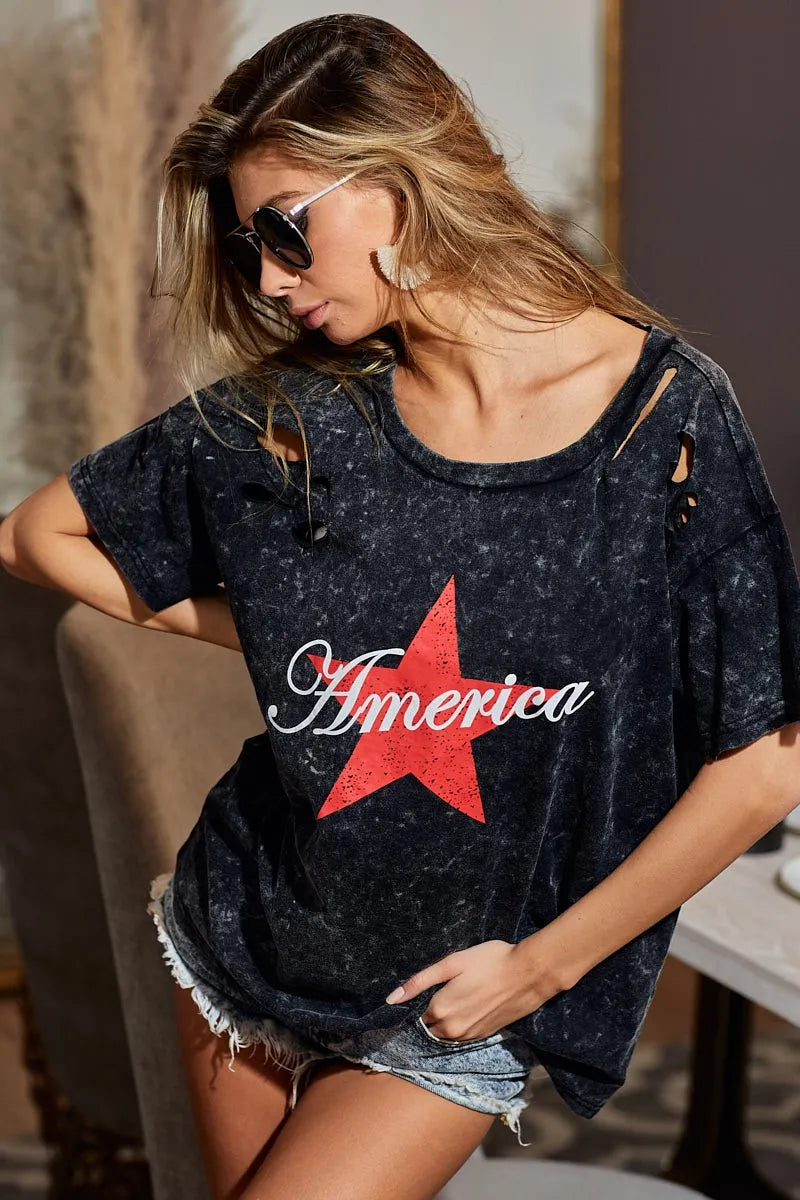 BiBi Laser Cut Mineral Washed Jersey Top - Trendy Women's Fashion Tops for Casual Wear & Street Style | Perfect for Everyday Outfits, Weekend Hangouts & Summer Looks