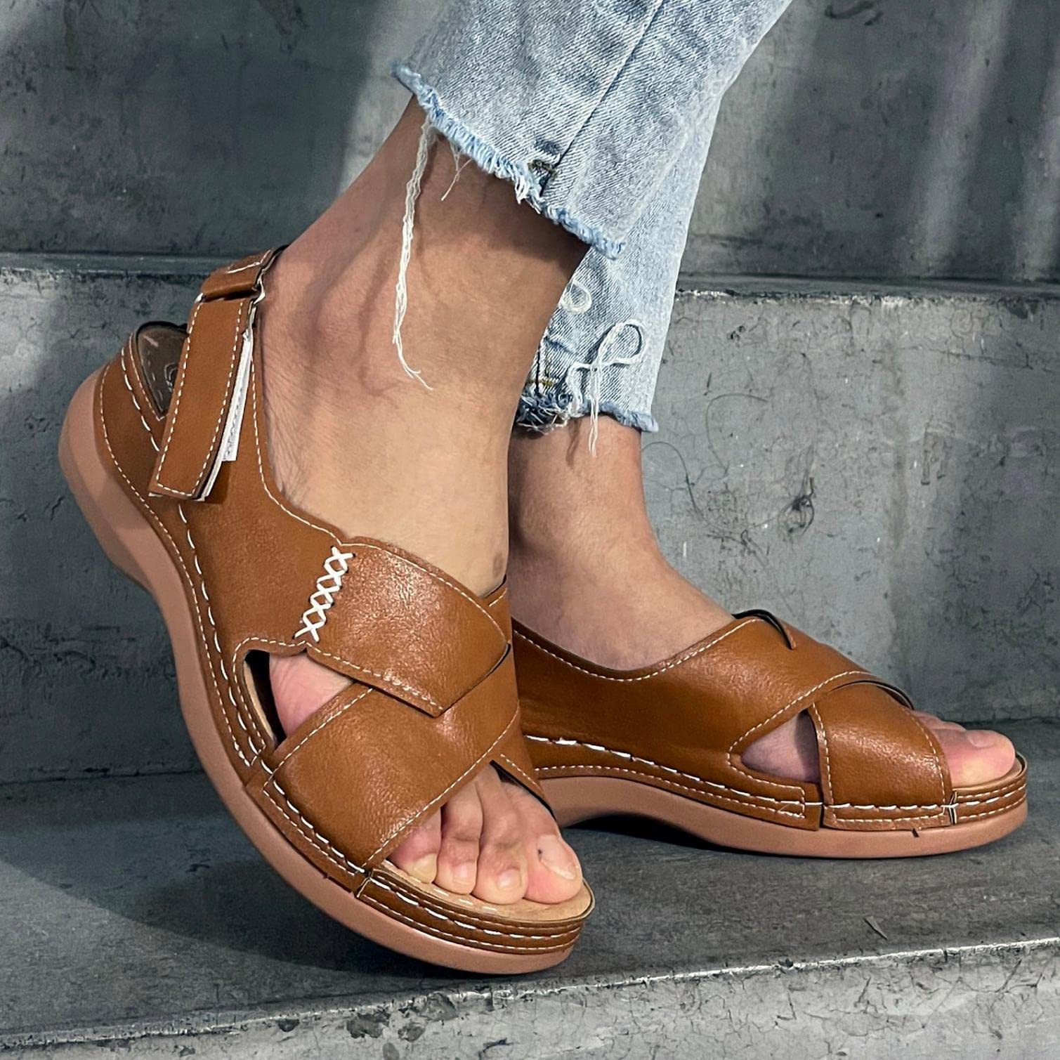 Women's Comfortable Leather Wedge Sandals - Casual Cross Strap Bohemian Platform Slingback Shoes for Summer Beach & Dress Occasions | Wide Round Toe with Buckle Strap | Perfect for Vacation, Outdoor Walks & Boho Fashion Outfits