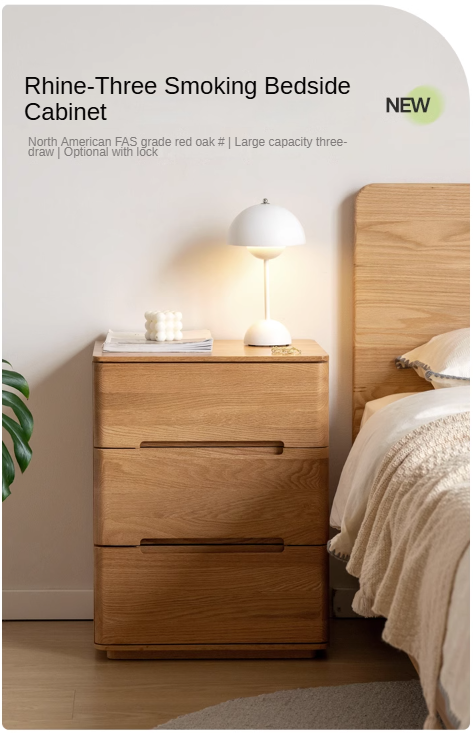 Solid Oak Wood 3-Drawer Nightstand with Lock - Bedside Table for Bedroom, Living Room & Office Storage