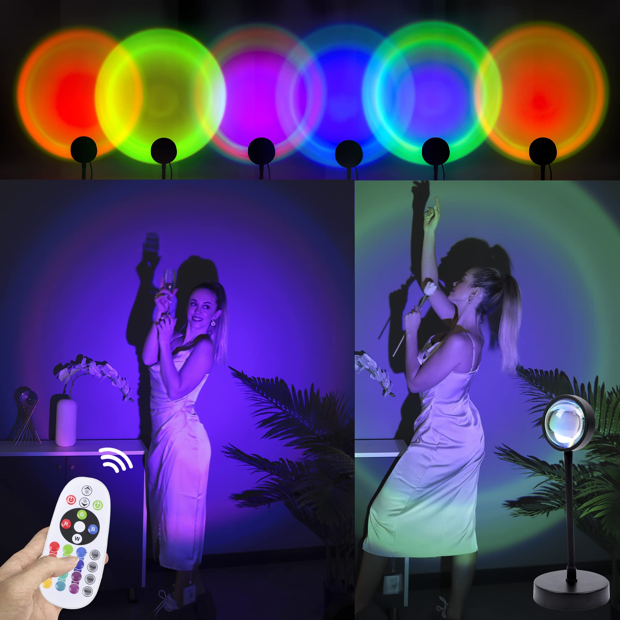 16 Color Changing Sunset Projection Lamp - 360° Adjustable RGB Night Light for Bedroom, Wedding, Party & Photo Backdrop | Romantic Mood Lighting for Home, Bar, Restaurant & Gifts