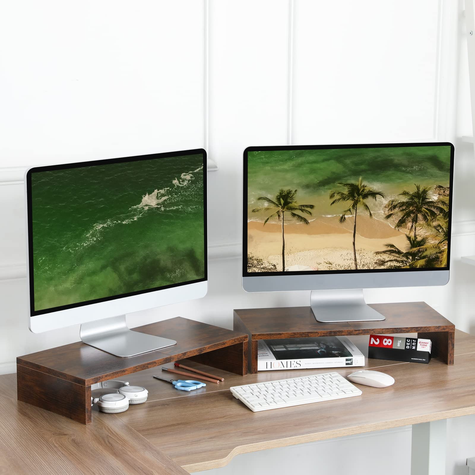 TEAMIX 2 Pack 20 Inch Wooden Monitor Stand Riser - Ergonomic Desktop Organizer for Computer, TV, Laptop & Printer - Keyboard Storage Shelf - Perfect for Home Office & Workspace Organization
