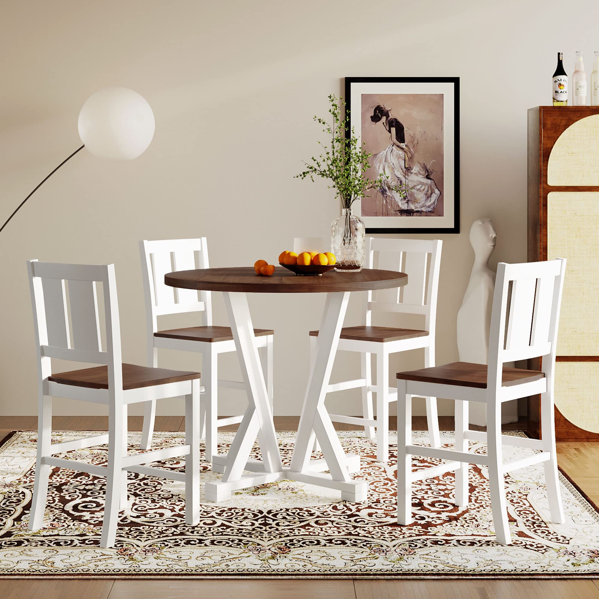 Merax 5-Piece Round Counter Height Dining Table Set with 4 Chairs & Footrest - Modern Kitchen & Dining Room Furniture in Brown & White - Perfect for Small Spaces, Breakfast Nooks & Casual Dining Areas