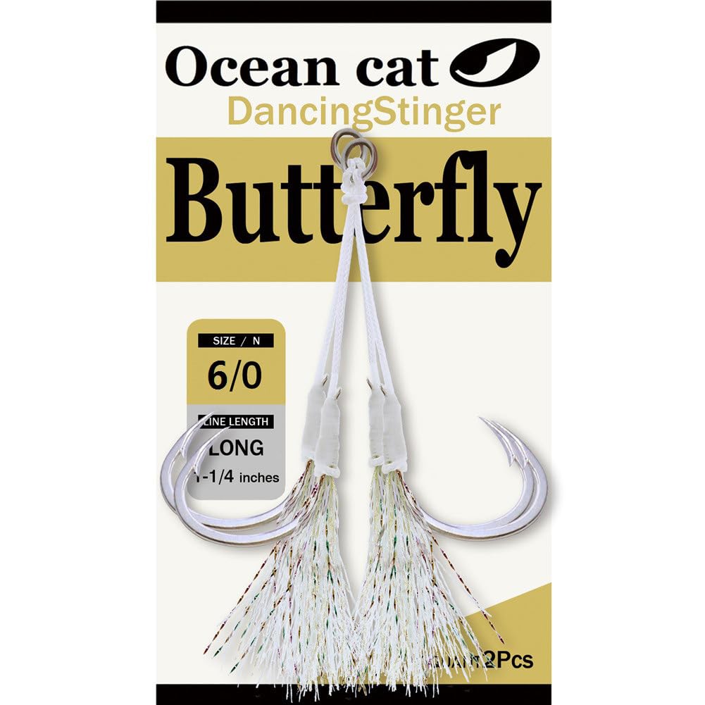 OCEAN CAT Butterfly Glow Assist Fishing Hooks - Stainless Steel Circle Hooks for Jigging (Size 2/0-6/0) - Slow & Fast Fall Saltwater Fishing Lures for Bass, Tuna & Offshore Angling