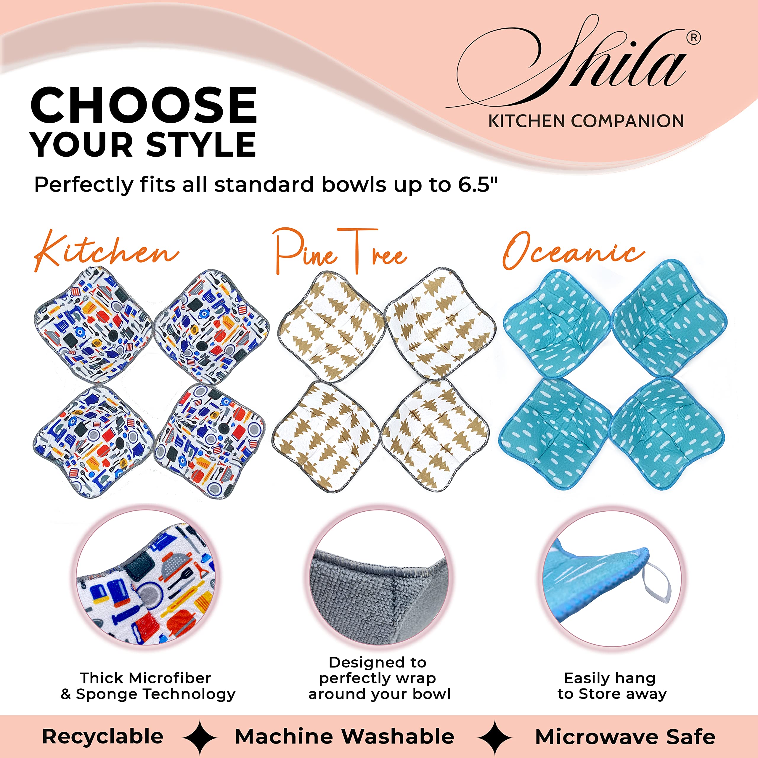 SHILA Microwave-Safe Bowl Cozy Set - Heat Resistant Hot Bowl Holders for Soup, Rice & Pasta - Polyester & Sponge Insulated Hand Protectors to Keep Food Warm & Hands Cool - Perfect for Microwave Meals, Dining & Kitchen Use