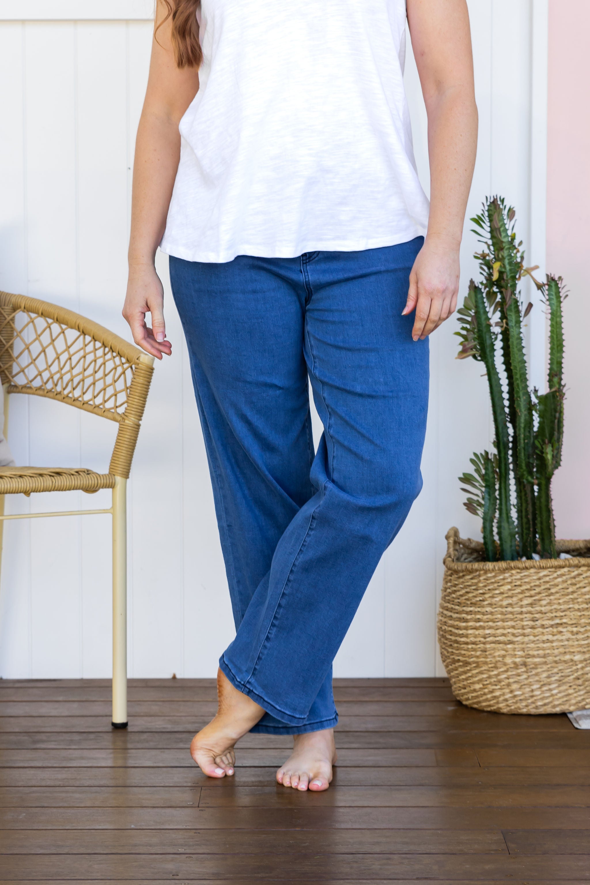 Lara Pull-On Jeans for Women - Mid Blue Denim Stretch Pants - Comfortable & Stylish for Casual Wear, Office, and Travel