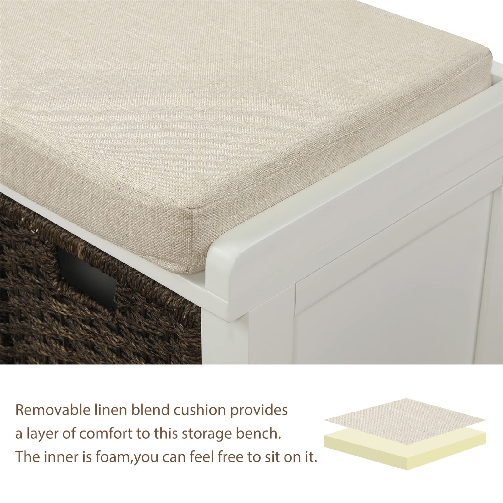 VERYKE Entryway Storage Bench with Removable Cushion & 3 Rattan Baskets - Shoe Bench with Hollow Handle for Hallway, Living Room, Bedroom (White) | Perfect for Organizing Shoes, Blankets & Home Decor in Small Spaces