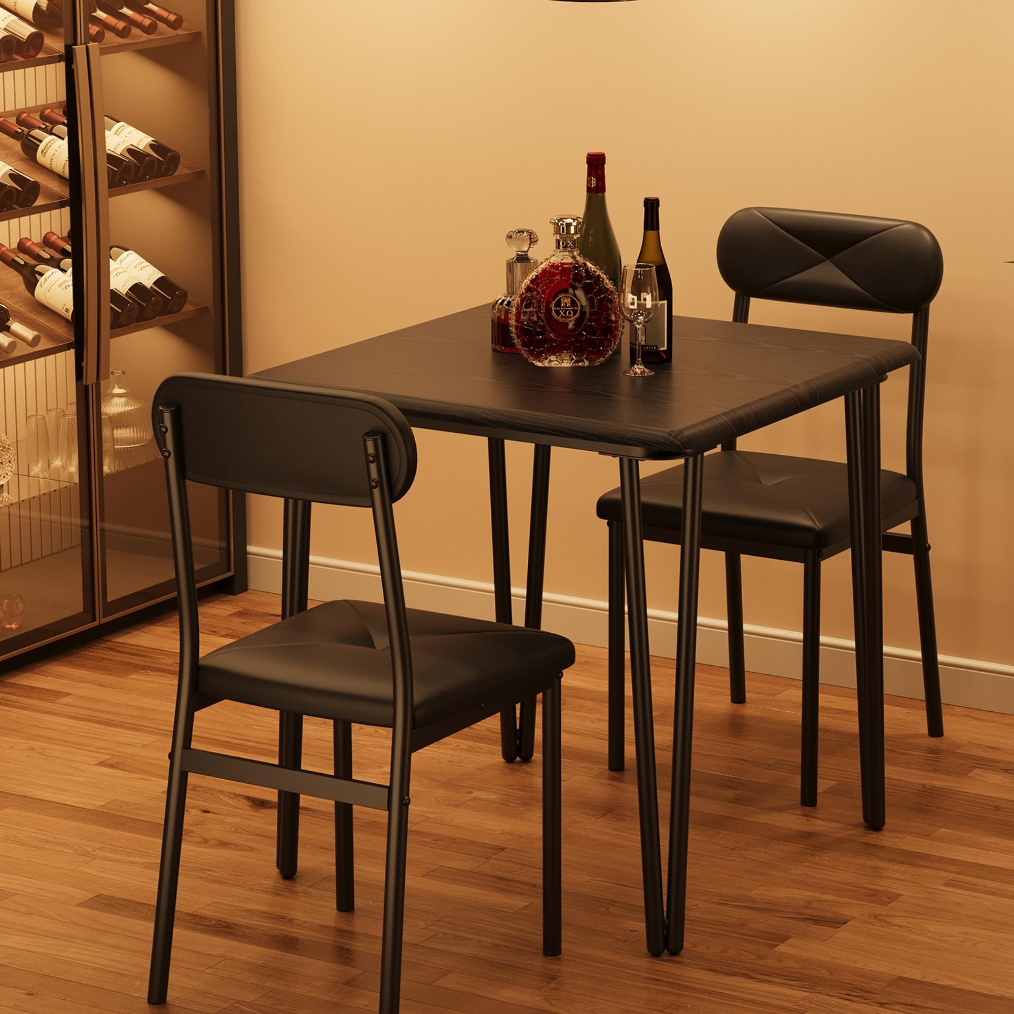 IDEALHOUSE 3-Piece Small Dining Table Set for 2 - Square Kitchen Table with 2 Upholstered Chairs, Compact Dinette Set for Small Spaces (Black) - Perfect for Breakfast Nooks, Apartments & Cozy Kitchen Corners