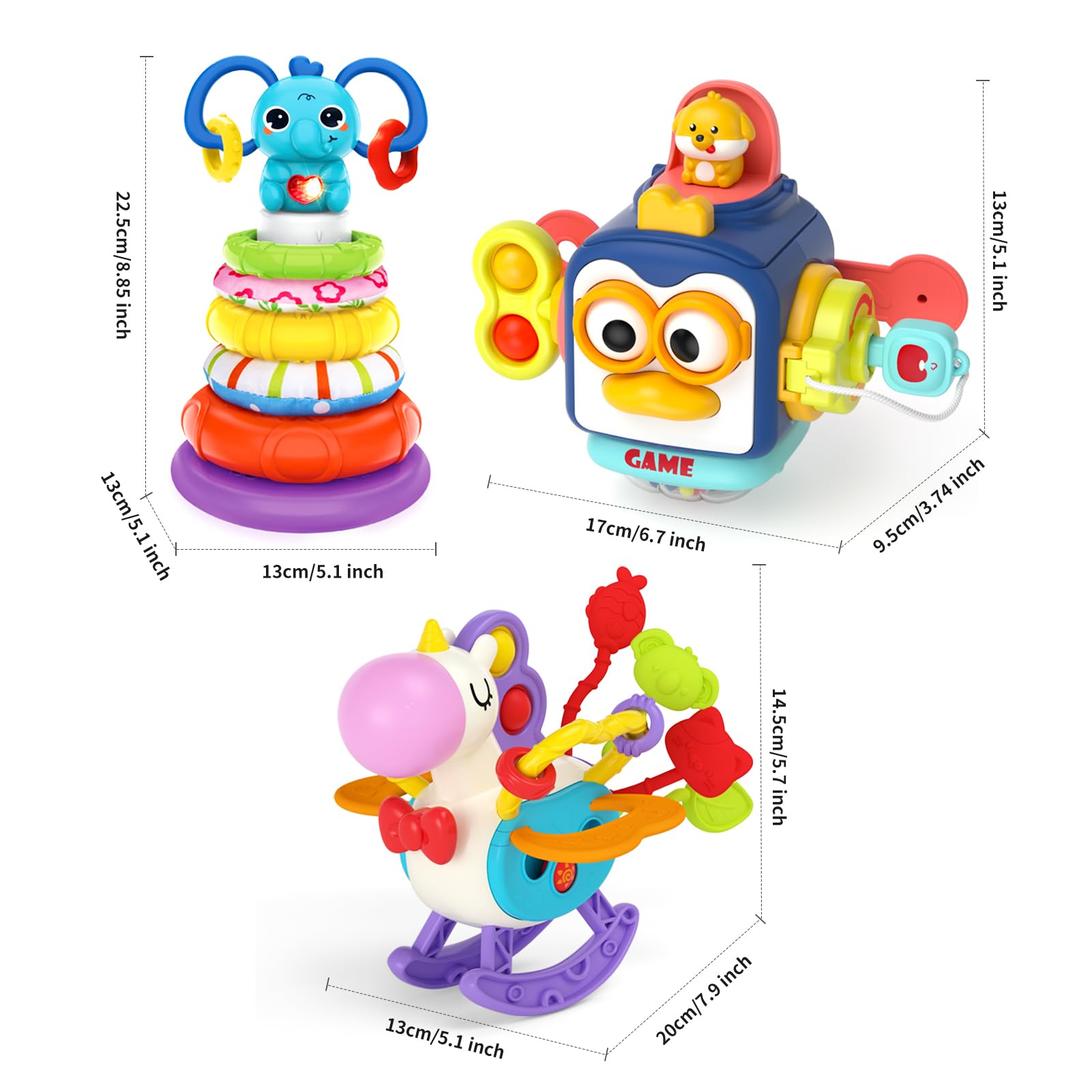 Montessori Toys for 1-3 Year Old Babies - Sensory Busy Board with Pull String Teether & Stacking Blocks - 3-in-1 Travel Learning Toy Gift for Toddlers Boys & Girls - Perfect for Airplane, Car Rides & Early Childhood Development