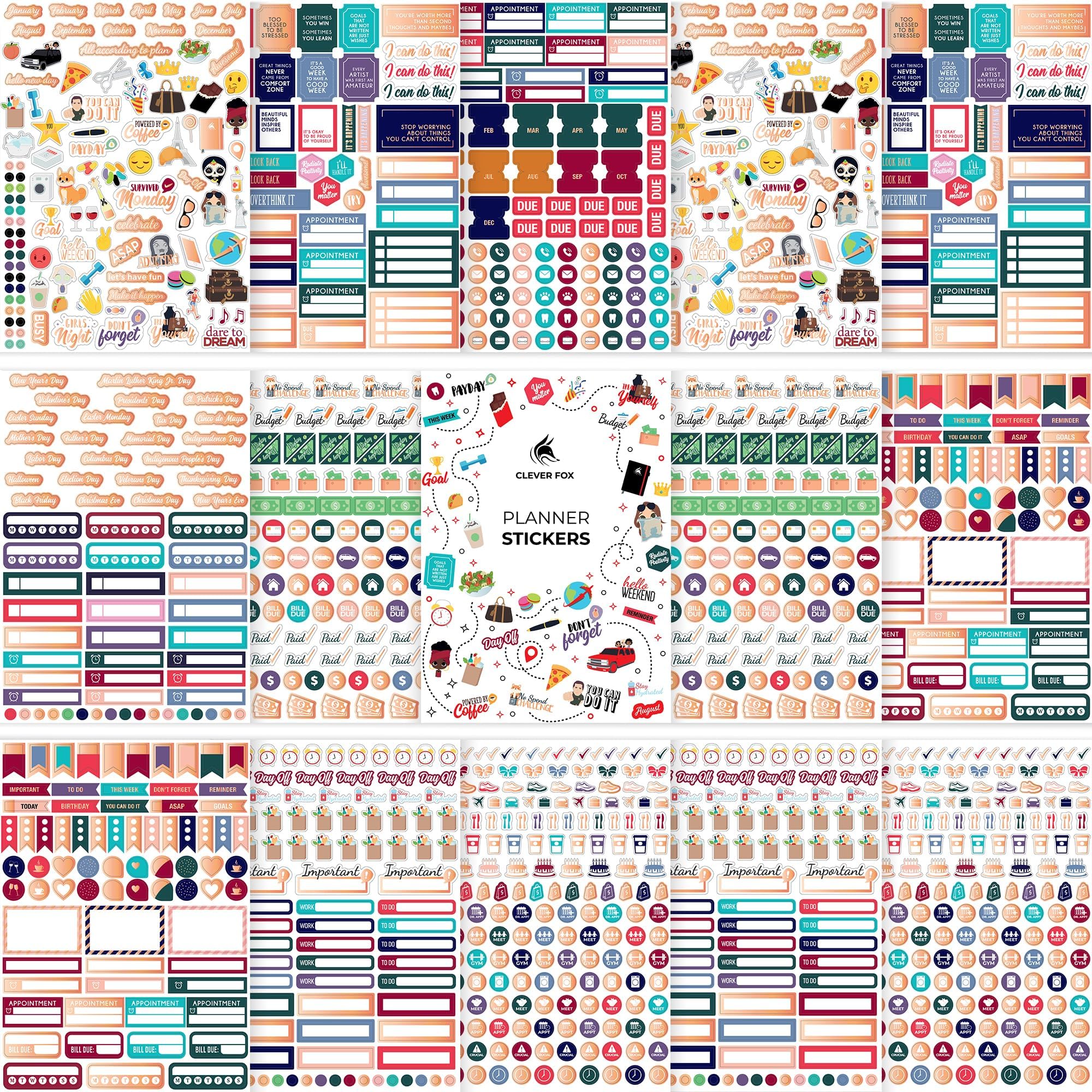 Clever Fox Planner Stickers - 1360+ Unique Stickers for Monthly, Weekly & Daily Planning | 14 Sheets Value Pack | Perfect for Bullet Journals, Planners & DIY Organization