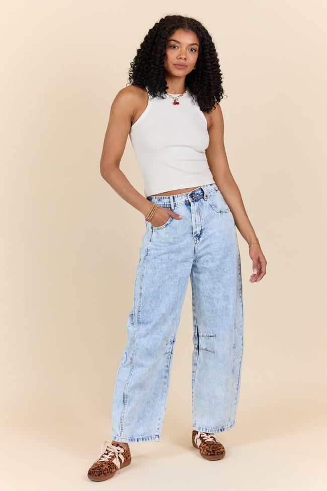Bella Light Wash Pull On Barrel Jeans for Women - Comfortable Stretch Denim Pants with Elastic Waist, Casual & Chic Style for Everyday Wear, Work, or Weekend Outings