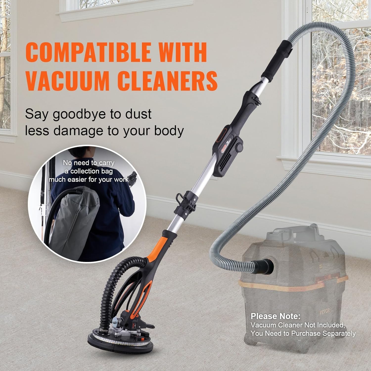 VEVOR 800W Brushless Electric Drywall Sander with Variable Speed 1000-2300 RPM - Foldable Ceiling Sander with LED Lights, Extendable Handle & 12 Sanding Discs - Perfect for Wall Repair, Home Renovation and Professional Construction Projects