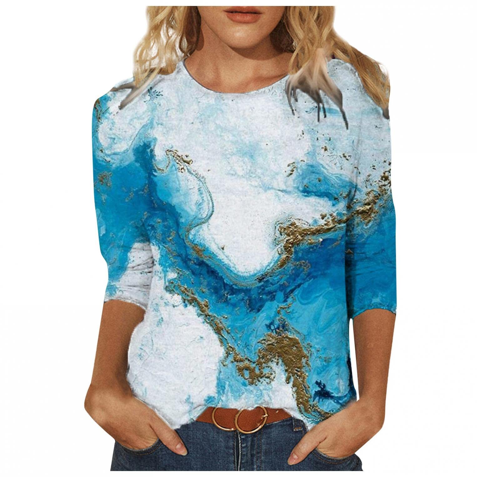 FABIURT Women's Summer Tops 2023 - Trendy 3/4 Sleeve Floral Tunic Shirts, Casual Loose O-Neck Blouses for Women | Perfect for Beach Outings, Vacation Wear & Everyday Comfort