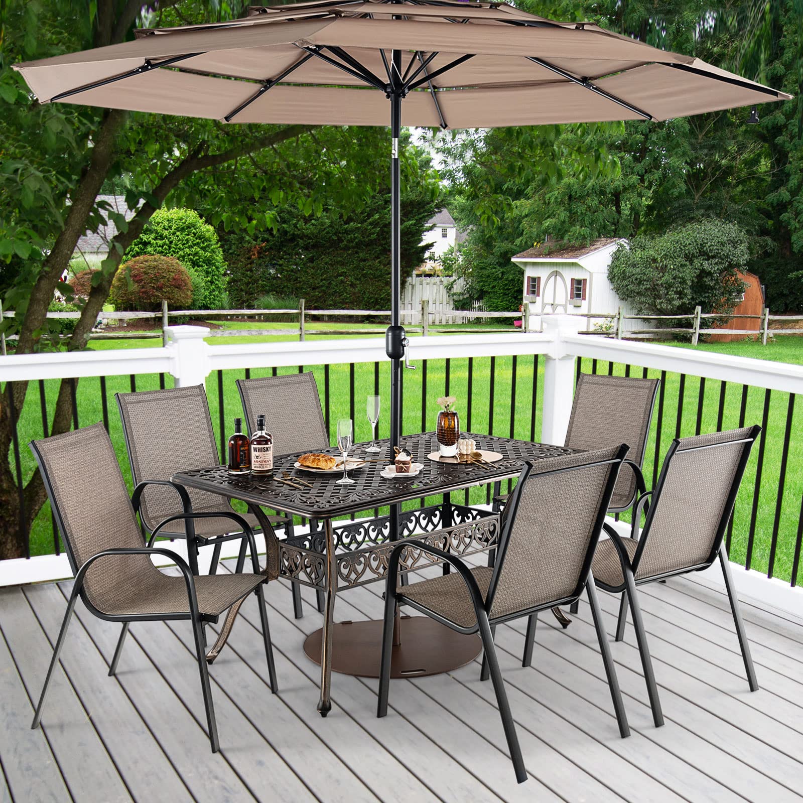 Tangkula 59 Inch Outdoor Dining Table - All-Weather Cast Aluminum Patio Table with Umbrella Hole - 6-8 Person Rectangular Garden Table for Backyard, Poolside & Outdoor Entertaining (Bronze)