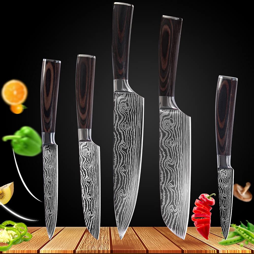 Premium Damascus Steel Japanese Chef Knife Set - 5-Piece Kitchen Knife Collection with Santoku, Utility & Slicing Knives for Professional Cooking & Food Prep | Ideal for Home Chefs & Culinary Enthusiasts