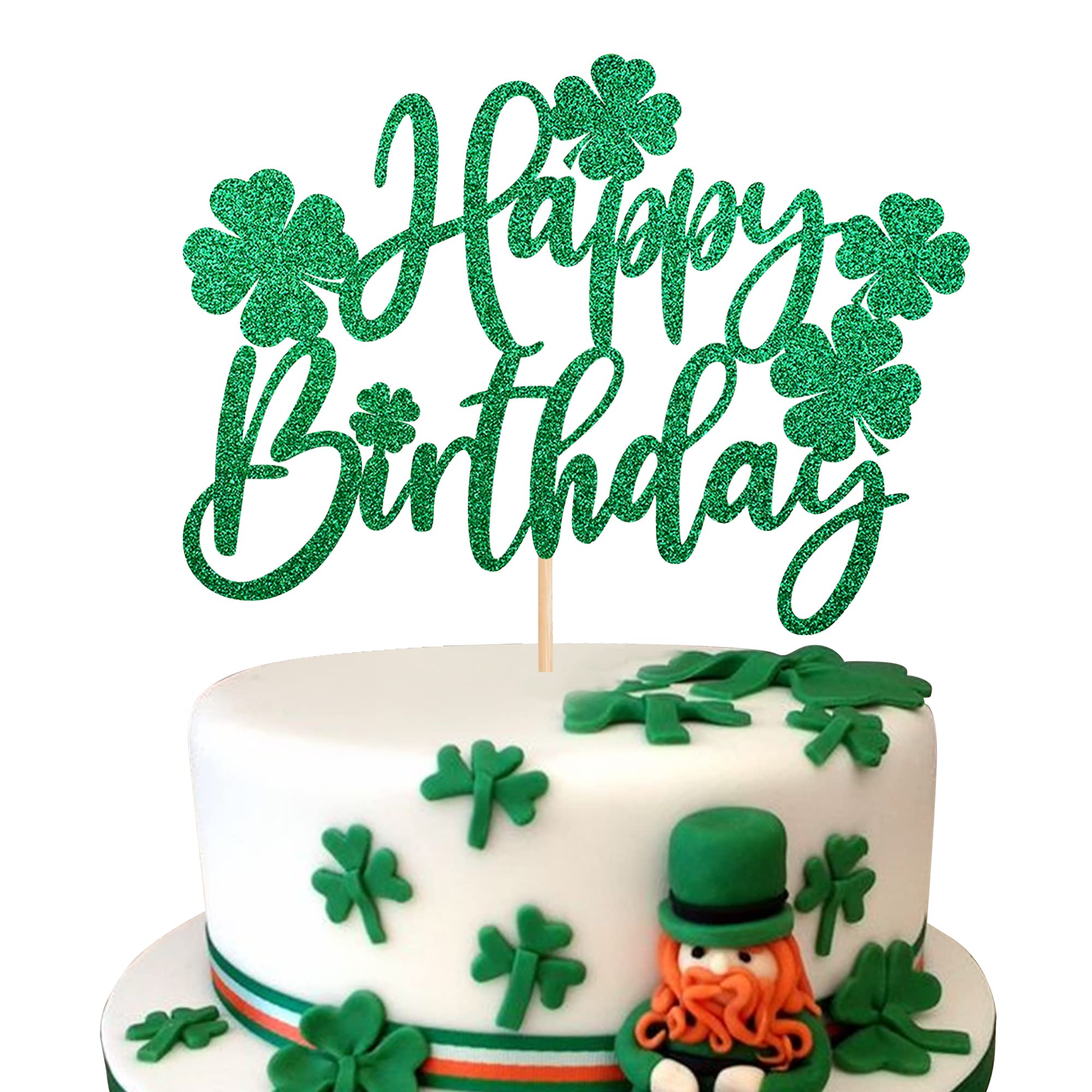 1 Pack St. Patrick's Day Happy Birthday Cake Topper - Green Glitter Lucky Four Leaf Clover Shamrock Cake Decorations for St. Patrick's Day, Baby Shower & Kids Birthday Party Supplies - Perfect for Festive Celebrations and Themed Desserts