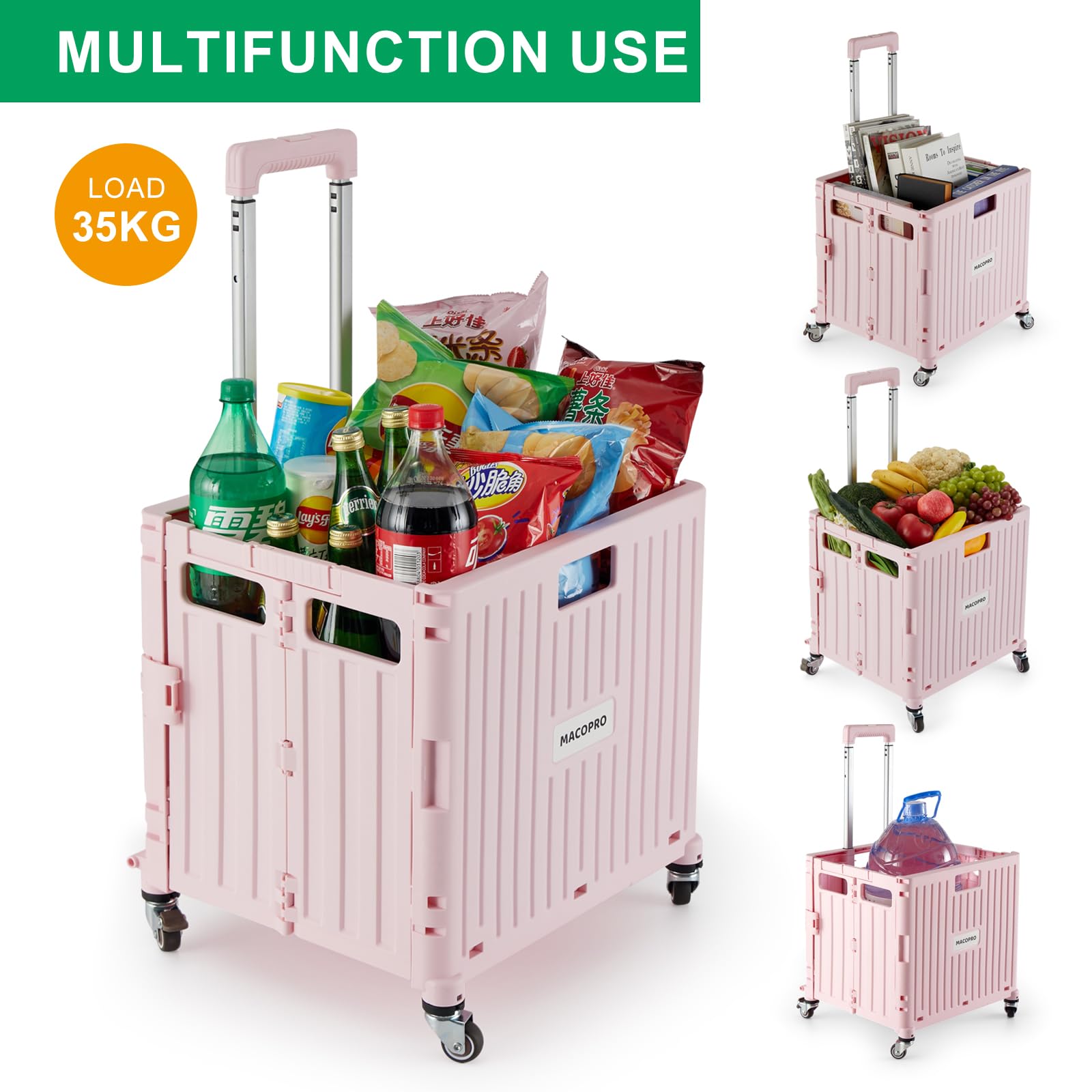 Foldable Utility Cart with Lid & 4 Rotating Wheels - Portable Rolling Handcart for Grocery Shopping, Office Supplies & Teacher Storage | Collapsible Trolley Basket for Home, School & Workplace (Pink)