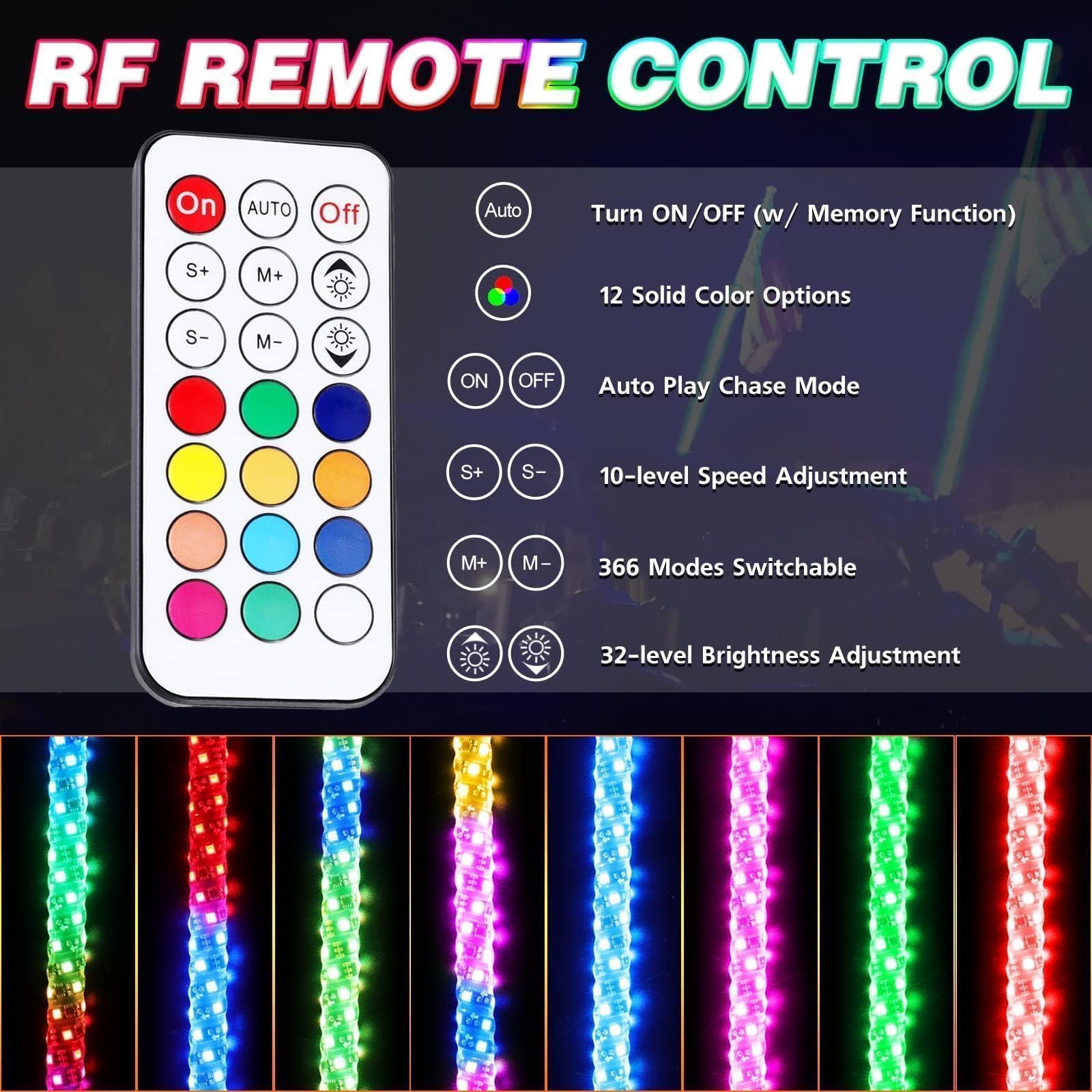 AKD 2Pcs 5FT RGB LED Whip Lights for UTV ATV SXS - Remote Control Spiral Chasing Lights with Flags | Compatible with Polaris RZR, Can-Am, Kawasaki, Honda, Yamaha | Perfect for Off-Roading, Night Rides & Boat Parties
