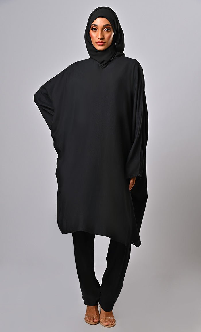 Black Modest Everyday Wear Batwing Sleeves 2-Piece Set - Elegant Loose Fit Outfit for Work, Church & Special Occasions