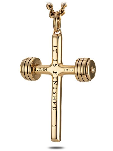 Shields of Strength 14K Gold Plated Stainless Steel Dumbbell Cross Pendant Necklace for Men - John 19:30 Bible Verse Engraved - Christian Religious Jewelry Gift for Fitness Enthusiasts & Gym Lovers