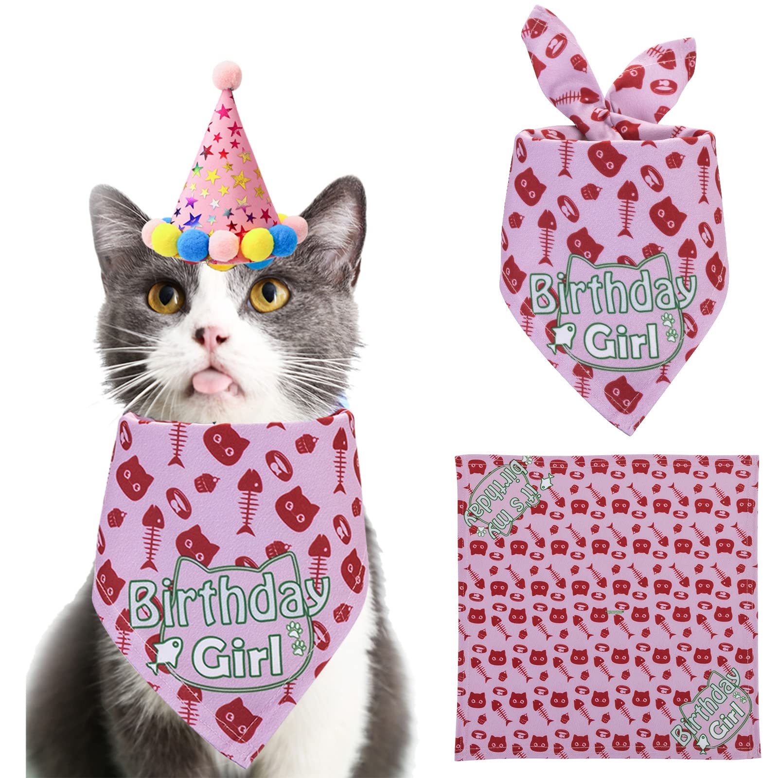 TCBOYING Cat Birthday Bandana & Hat Scarf - Cute Pet Birthday Party Decorations for Cats & Dogs - Perfect for Birthday Celebrations, Photo Shoots & Special Occasions