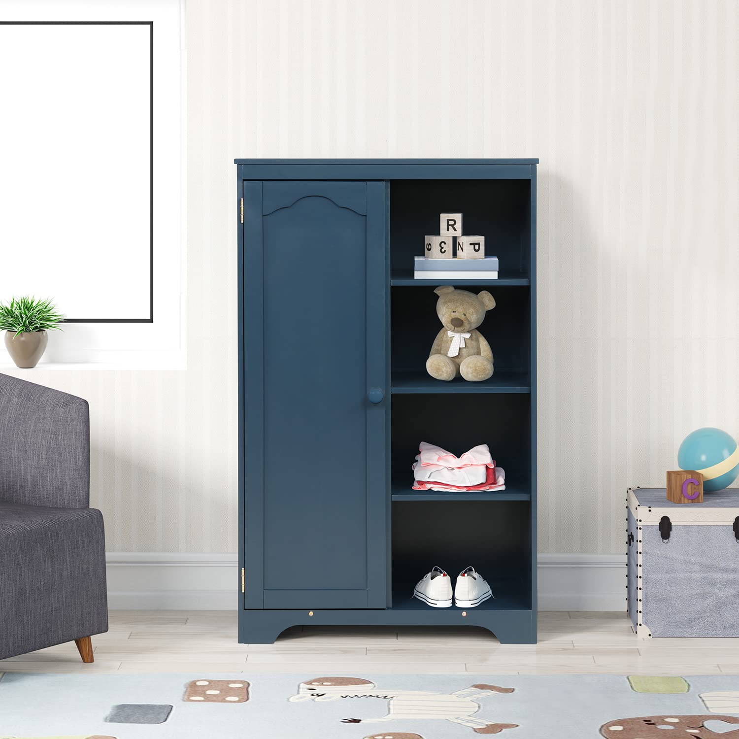 Polibi Wooden Dress Up Center Armoire - Kids Bedroom Storage Cabinet with Door Closet & 4-Tier Shelves for Boys & Girls (Navy Blue) - Perfect for Toy Organization, Dress-Up Play & Bedroom Decor