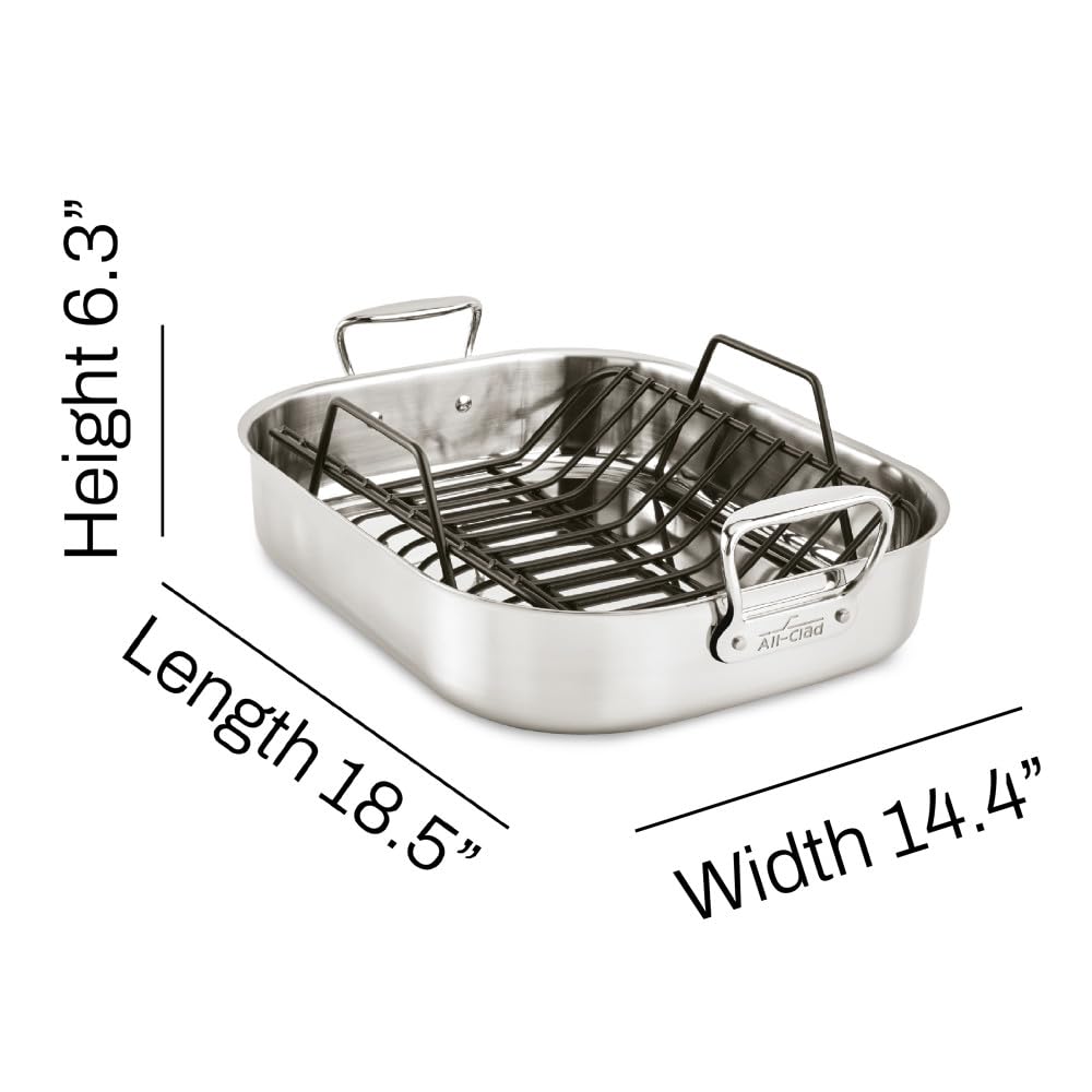 All-Clad Stainless Steel Roaster Pan with Nonstick Rack - 16x13x5 Inch Oven & Broiler Safe Up to 600°F - Perfect for Turkey, Roasts & Baking - Ideal for Holiday Dinners & Family Gatherings