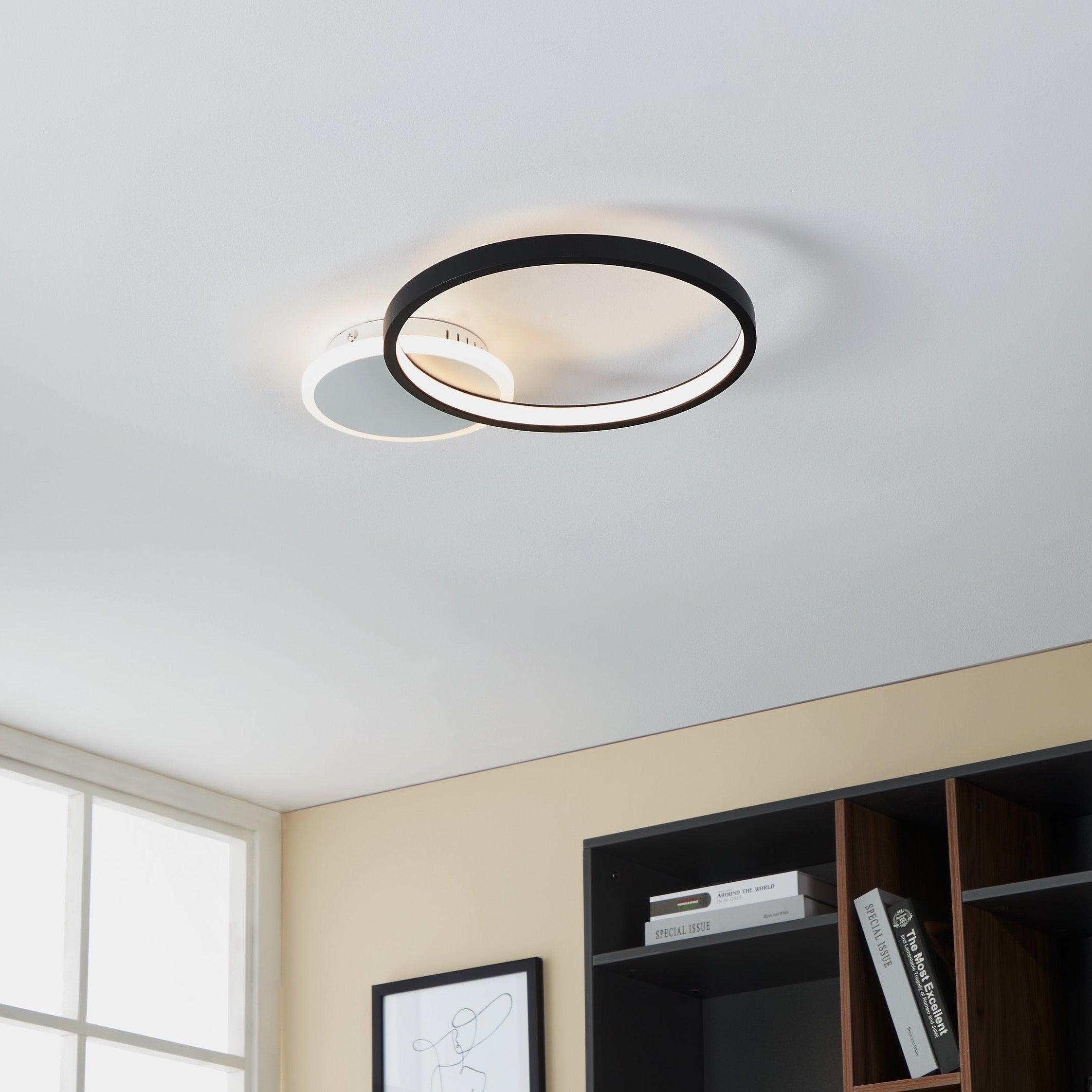 Eglo Gafares 24-inch Modern LED Flush Mount Ceiling Light - Black & White Circle Design with Remote Control - Perfect for Bedroom, Living Room, and Hallway Lighting