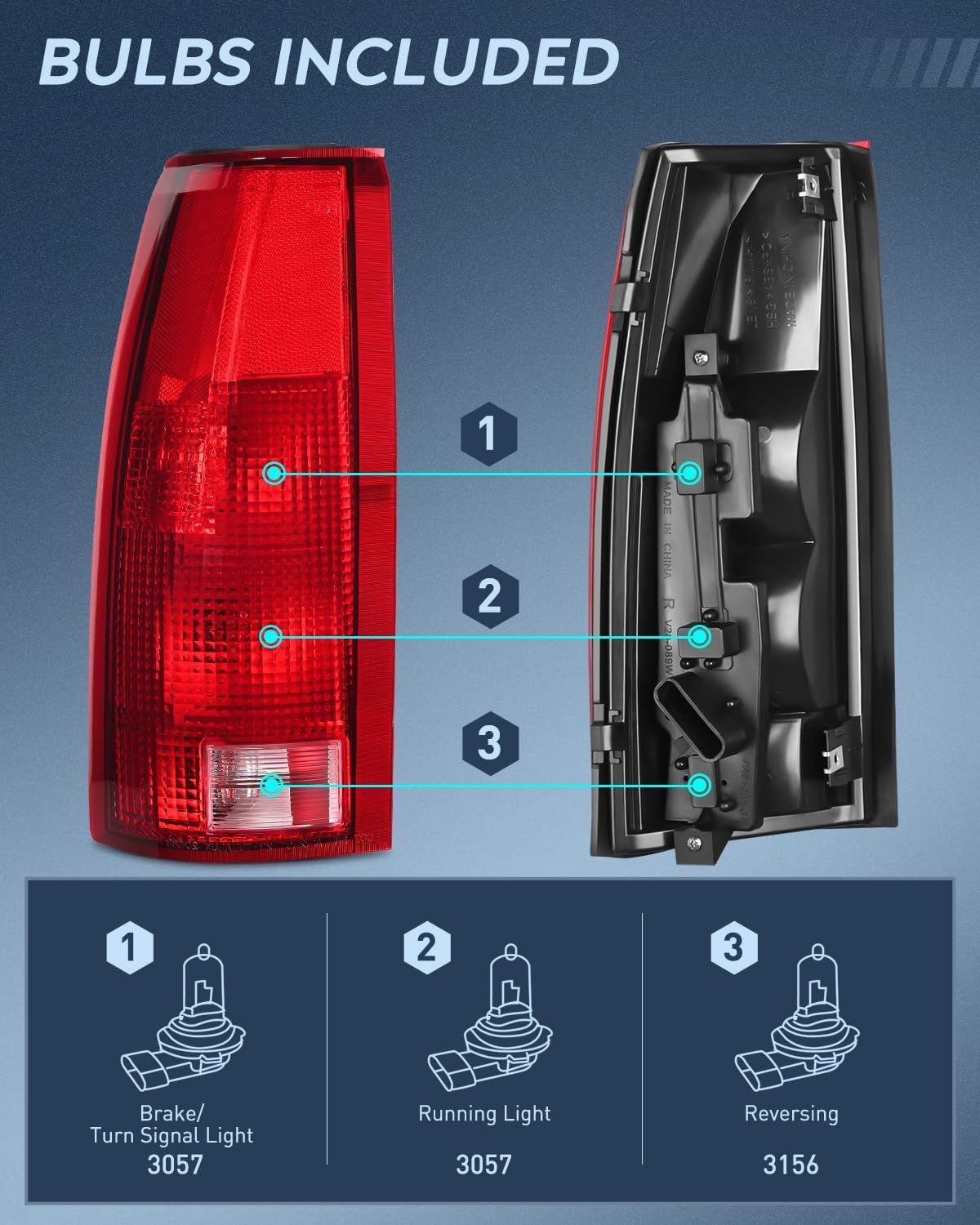 1992-2000 Chevy GMC C/K1500 2500 3500 Yukon Suburban Blazer Tahoe Cadillac Tail Light Assembly - Rear Lamp Replacement with Bulbs and Harness - Perfect for Night Driving & Vehicle Safety Upgrades