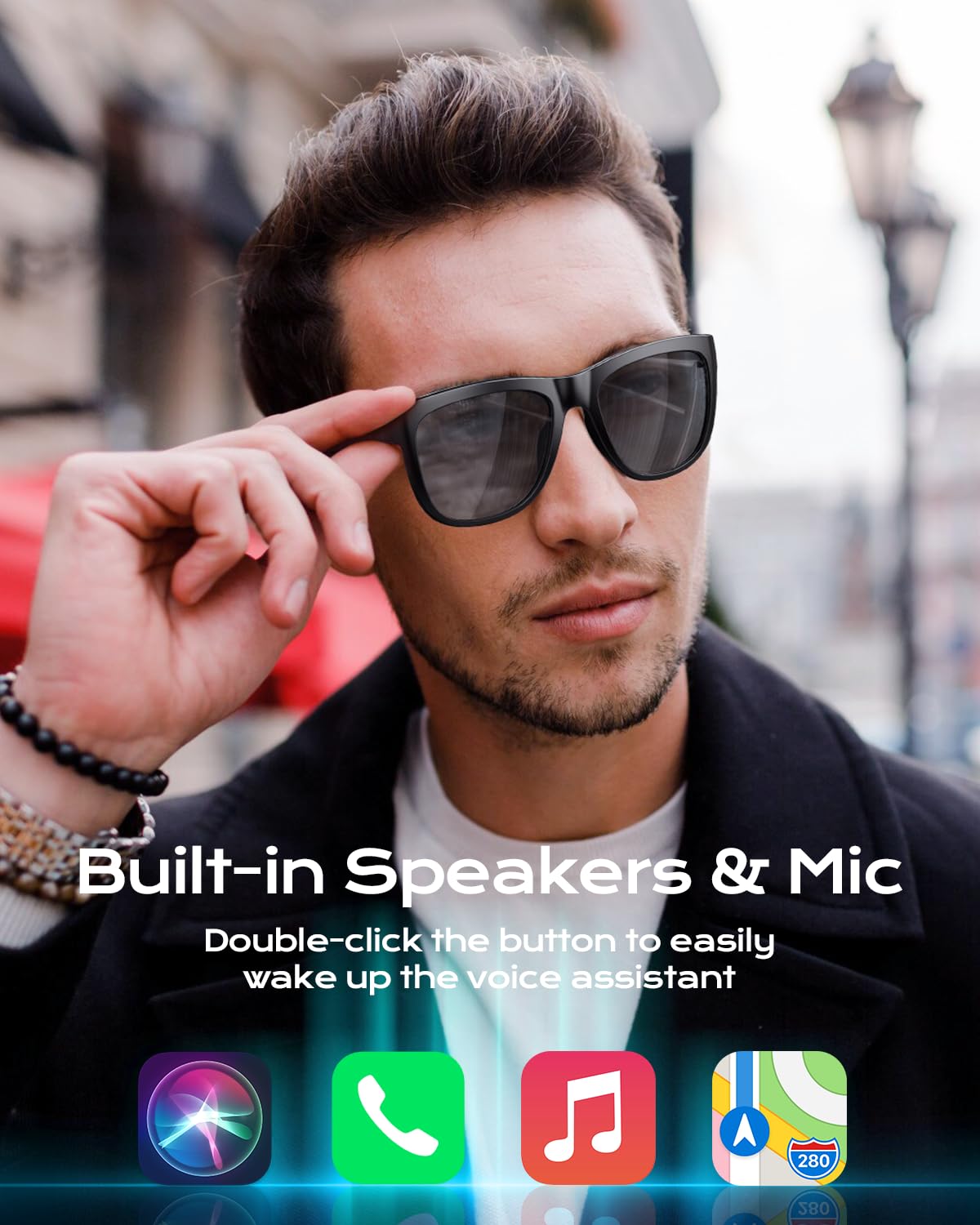 Smart Bluetooth Glasses with Built-in Mic & Speakers - Wireless Audio Sunglasses for Men & Women - UV Protection, Voice Control for Sports & Outdoor Activities - Unisex Black Frame for Running, Cycling & Daily Use