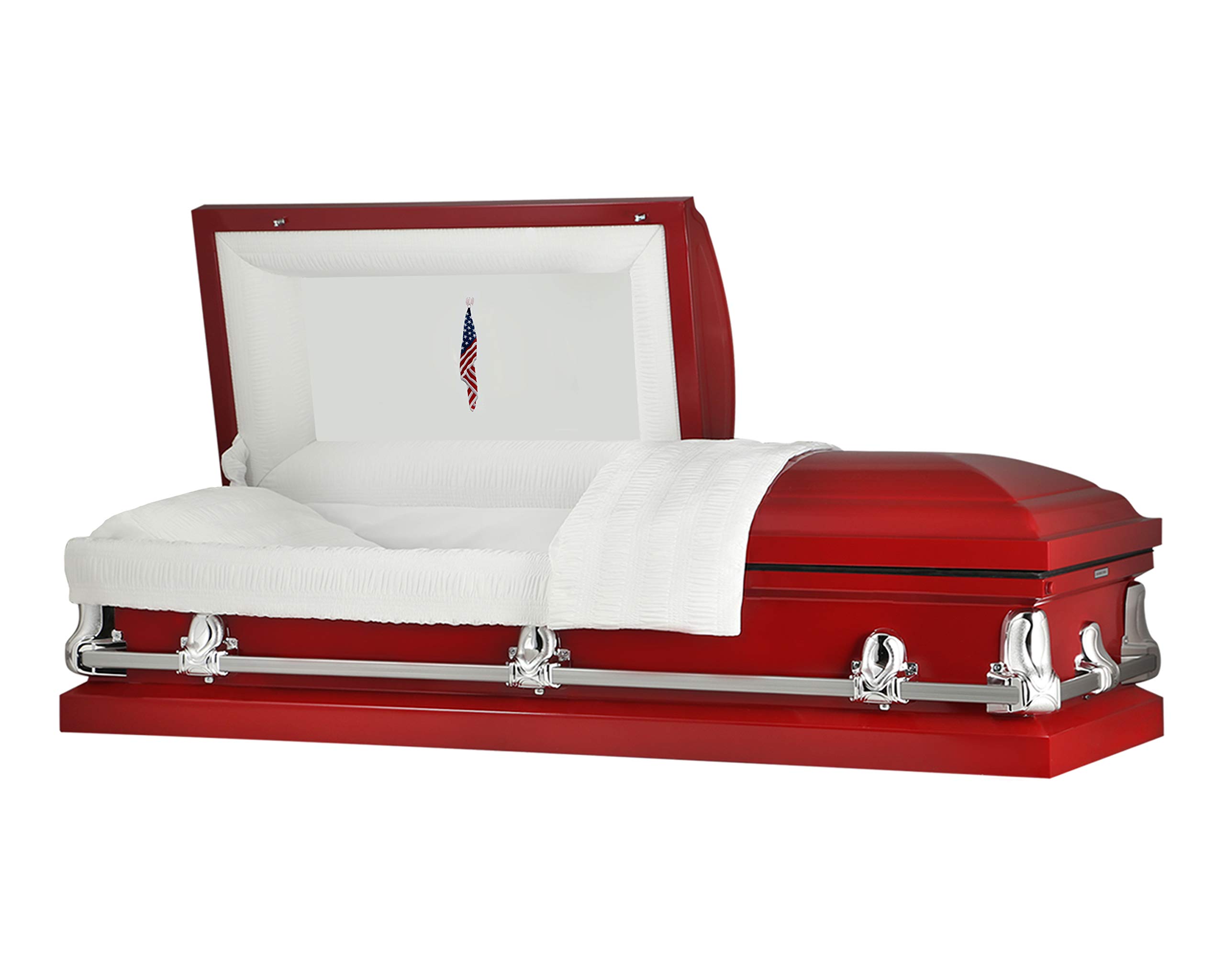 Handcrafted Titan Casket Orion Panel Collection - Red Funeral Casket with White Crepe Interior & 'Flag at Rest' Head Panel | Premium Burial Casket for Veterans & Military Honors | Perfect for Traditional Funerals & Memorial Services