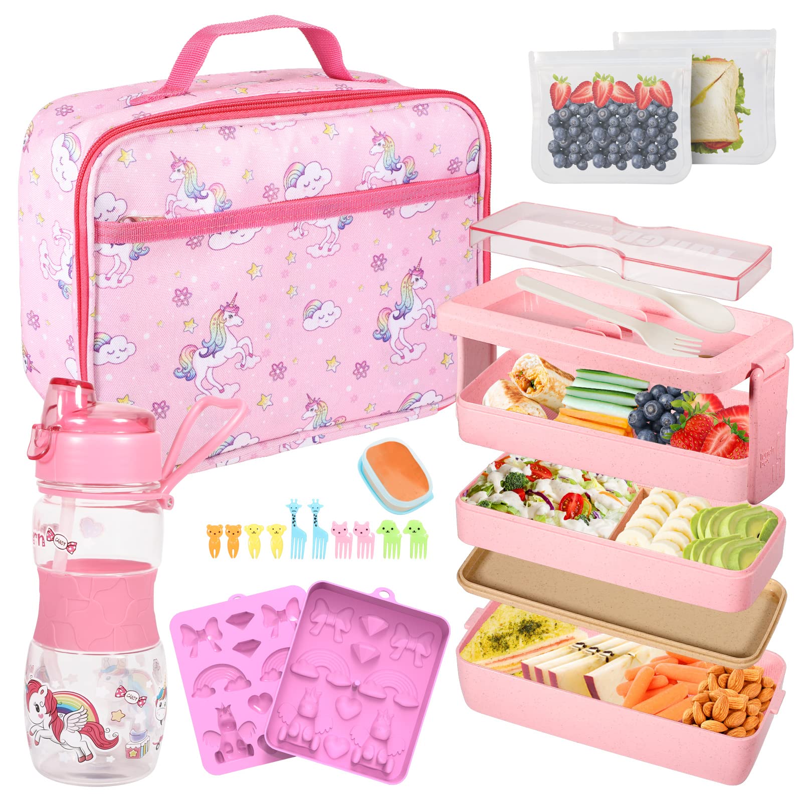 Unicorn Bento Lunch Box Set for Kids Girls - Insulated Lunch Bag with Thermos, Water Bottle & Containers - Japanese Style School Lunch Box for Toddlers & Children (Colorful) - Perfect for School, Picnics & Travel