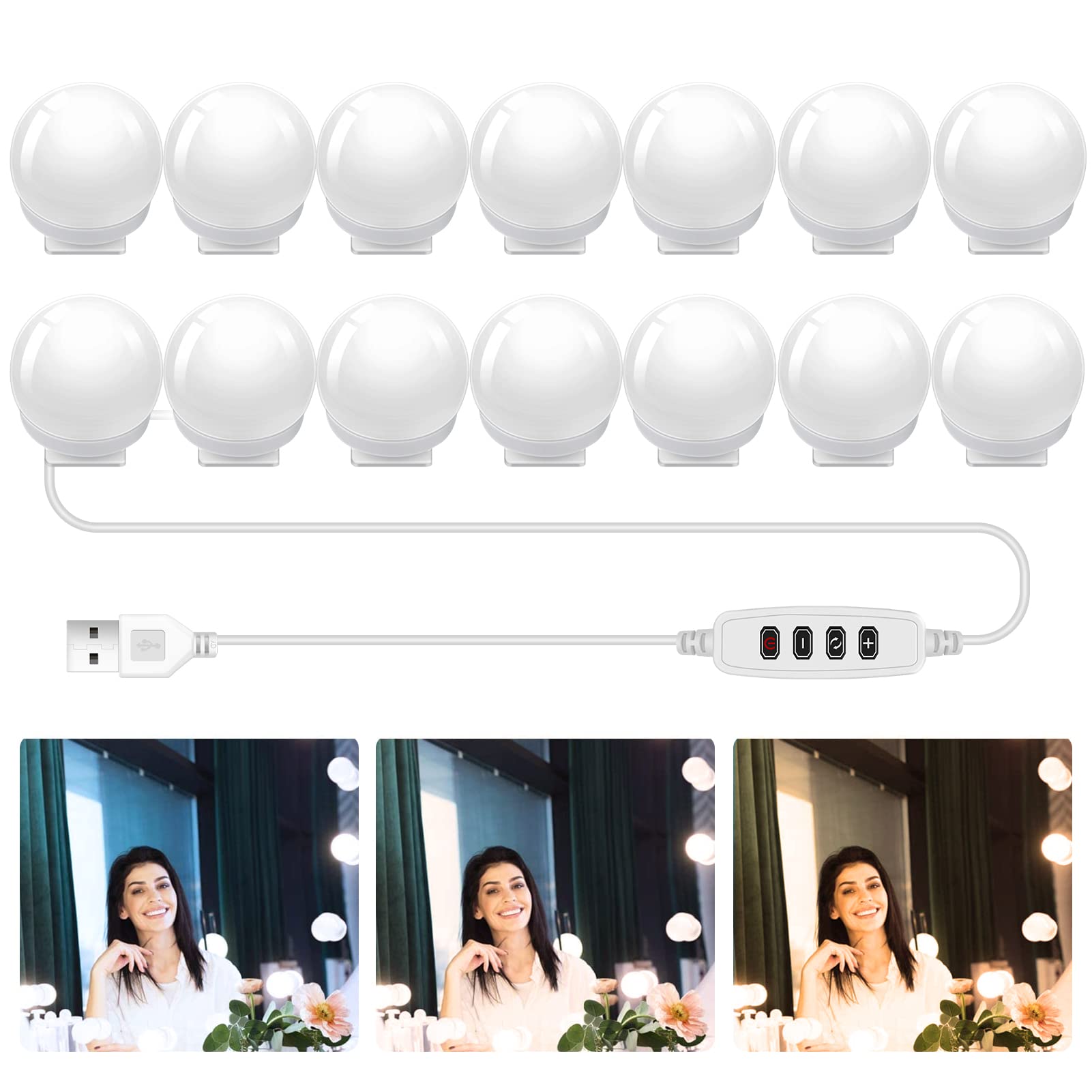 YGS-Tech Dimmable Hollywood Style LED Vanity Mirror Lights - 14 Bulbs, USB Powered, 3 Color Modes & 10 Brightness Levels for Bedroom, Dresser, Bathroom, Barbershop - Perfect for Makeup, Grooming & Home Decor
