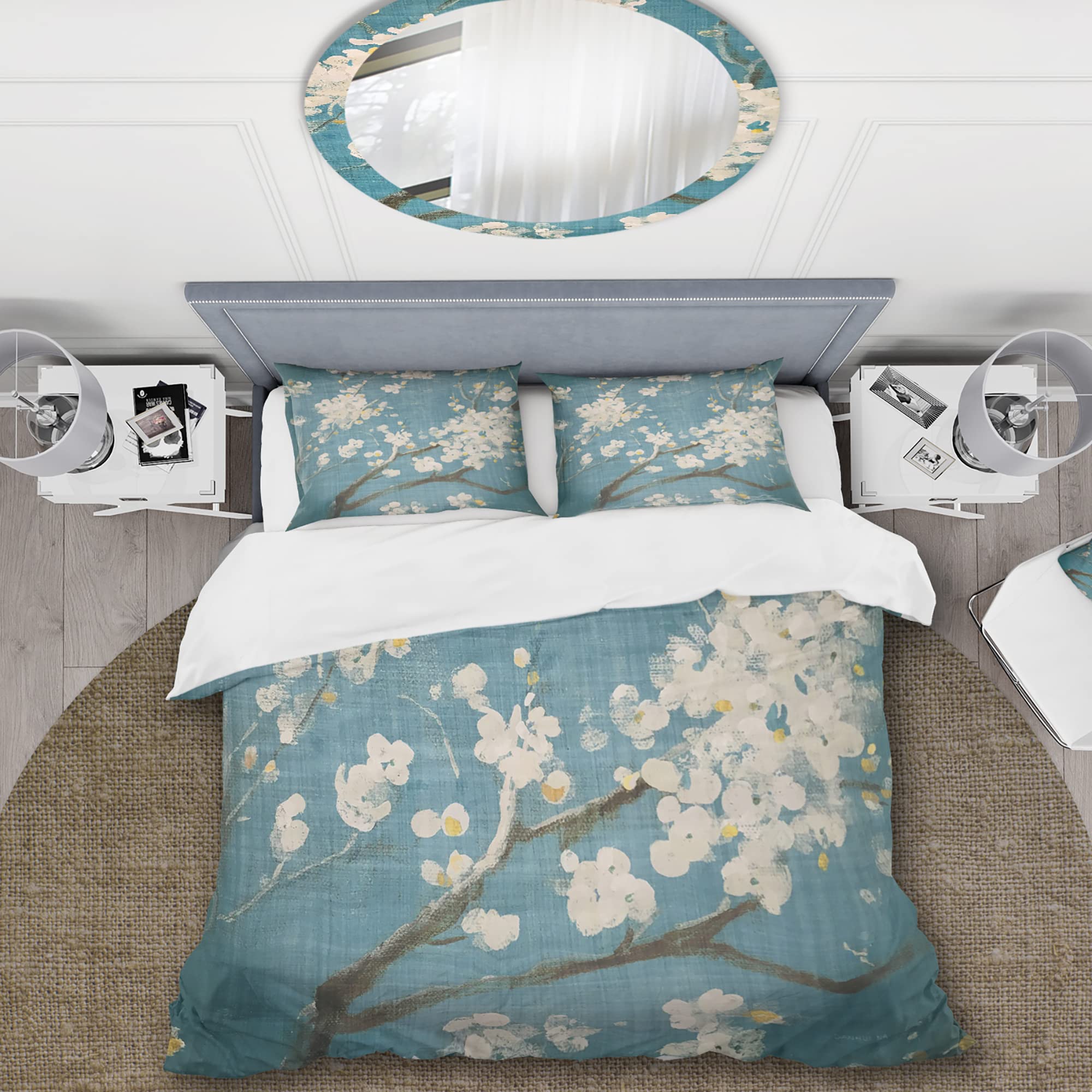 DesignQ Blue Cherry Blossoms II Cabin & Lodge Duvet Cover Set - Queen Size Floral Bedding (3-Piece) for All Seasons | Perfect for Rustic Bedrooms, Guest Rooms & Cozy Cabins