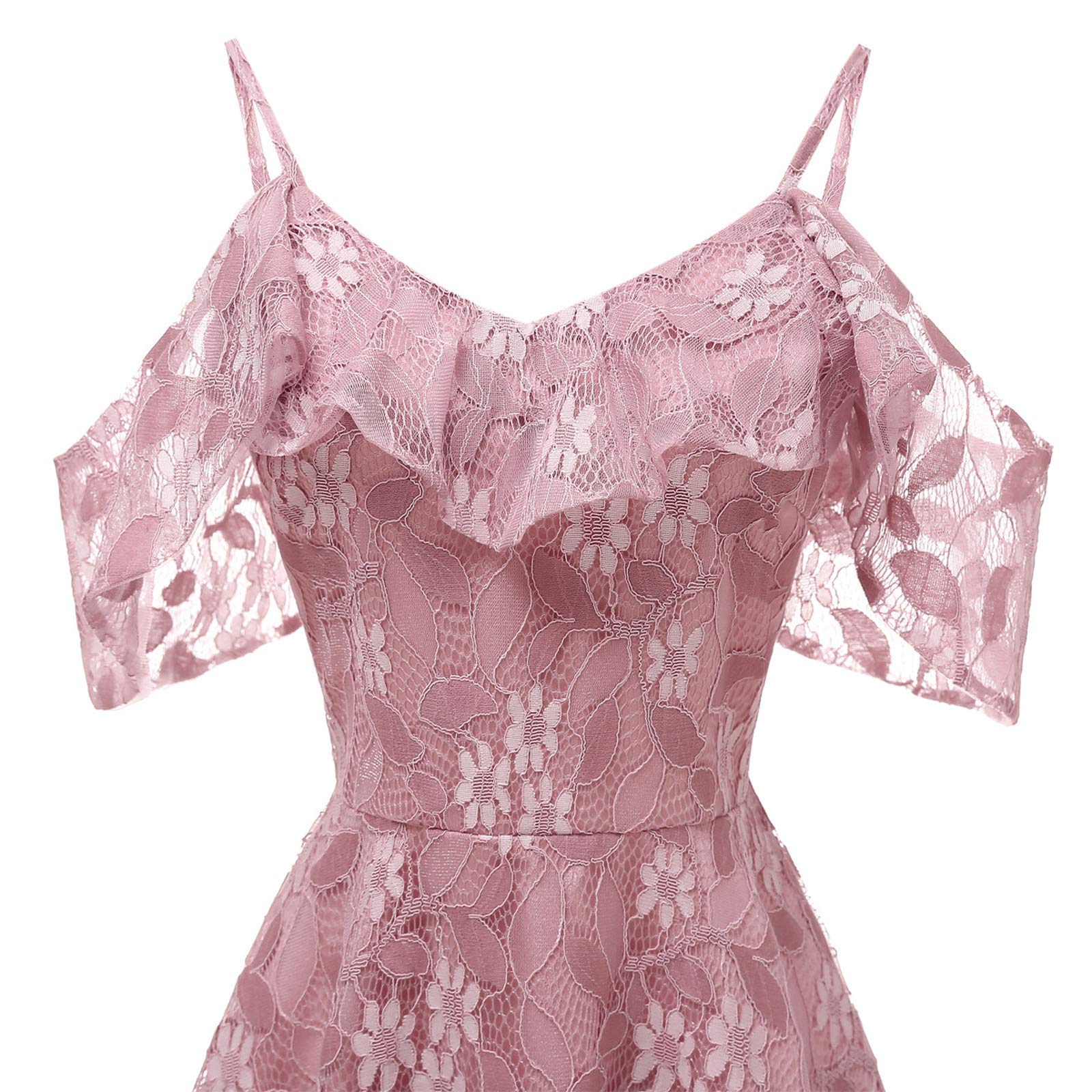 Women's Floral Lace Cold Shoulder Dress with Ruffle Sleeves - Pleated Knee Length Cocktail Party Gown for Evening Events, Prom, Wedding Guest & Special Occasions