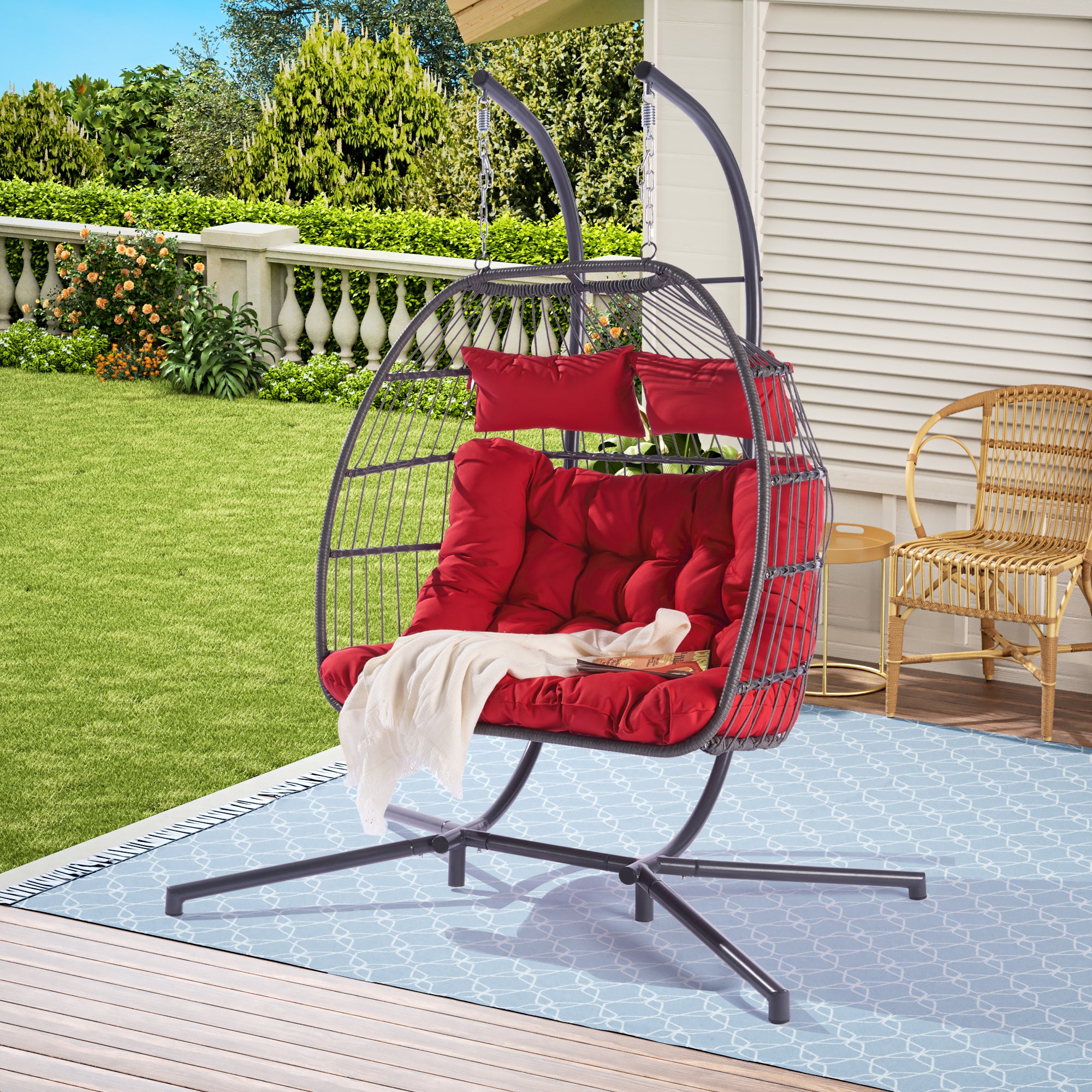 2 Person Outdoor Rattan Hanging Chair - Patio Wicker Egg Chair for Backyard, Garden, or Balcony Relaxation