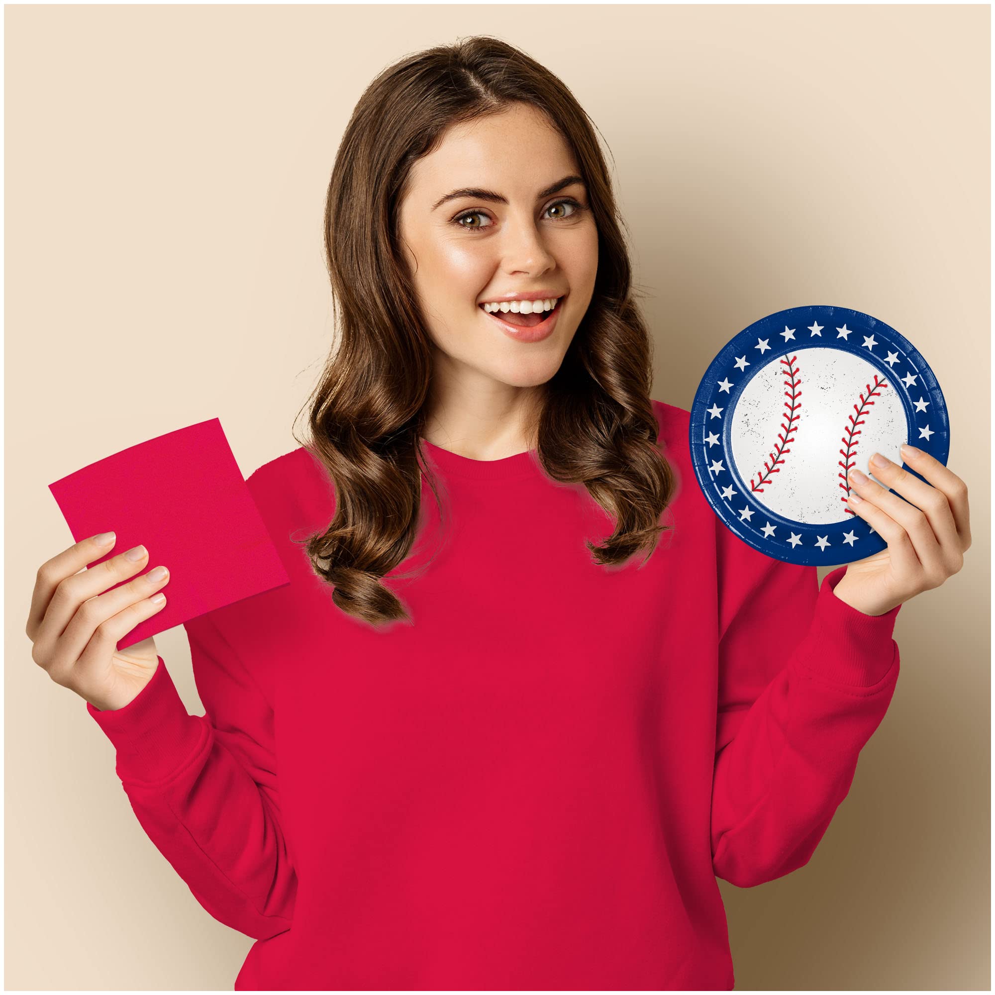 Baseball Party Supplies - Red, White & Blue All-Star Dessert Plates, Snack Plates & Beverage Napkins for 16 Guests | Perfect for Baseball Themed Birthday Parties, Game Day Celebrations & Sports Events
