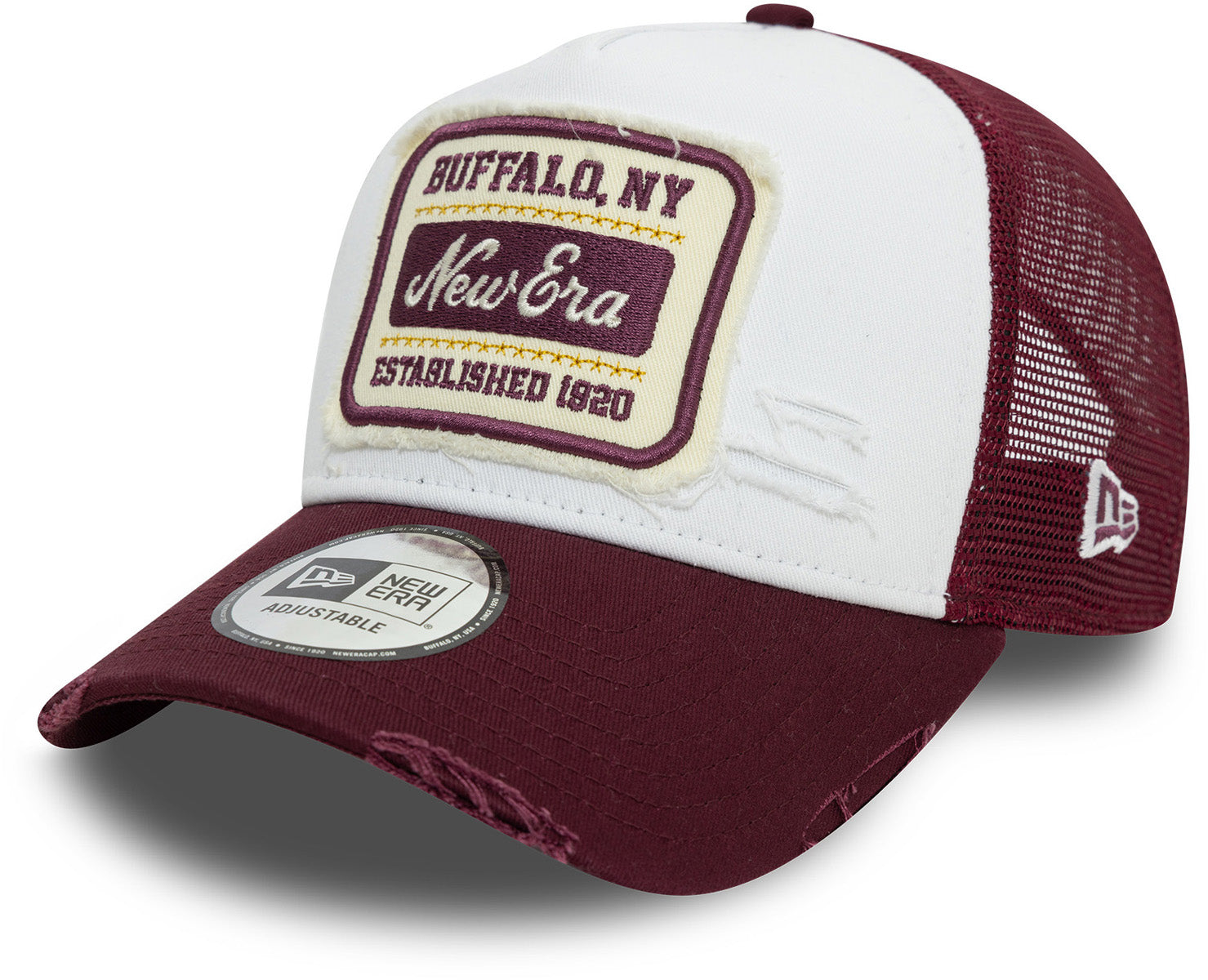 New Era Buffalo NY Distressed Patch Trucker Cap - White/Maroon | Vintage Baseball Hat for Men & Women | Perfect for Sports Fans, Streetwear Fashion & Outdoor Activities