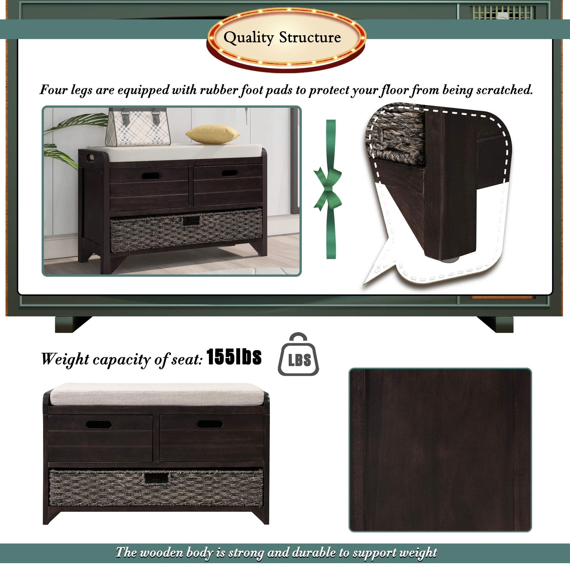 Wooden Storage Bench with 2 Drawers & Removable Basket - Fully Assembled Wicker Entryway Bench with Cushion - Shoe Storage for Hallway, Living Room & Bedroom (Espresso) - Perfect for Entry Organization & Home Decor