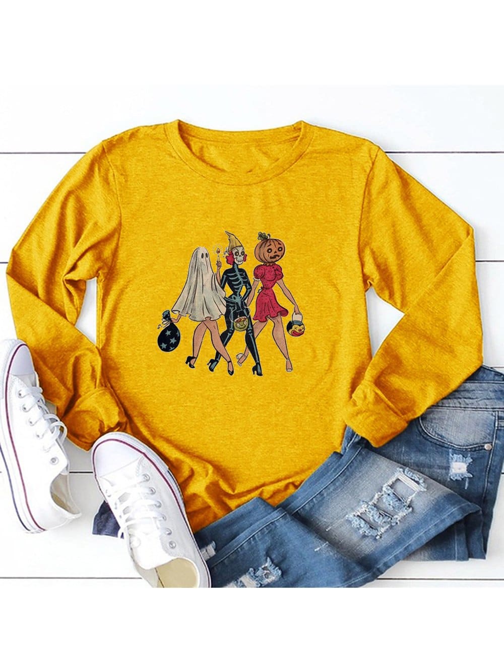 Lovevop Women's Casual Cartoon Halloween Print Long Sleeve T-Shirt - Cute Graphic Tee for Halloween Parties, Cosplay & Everyday Wear