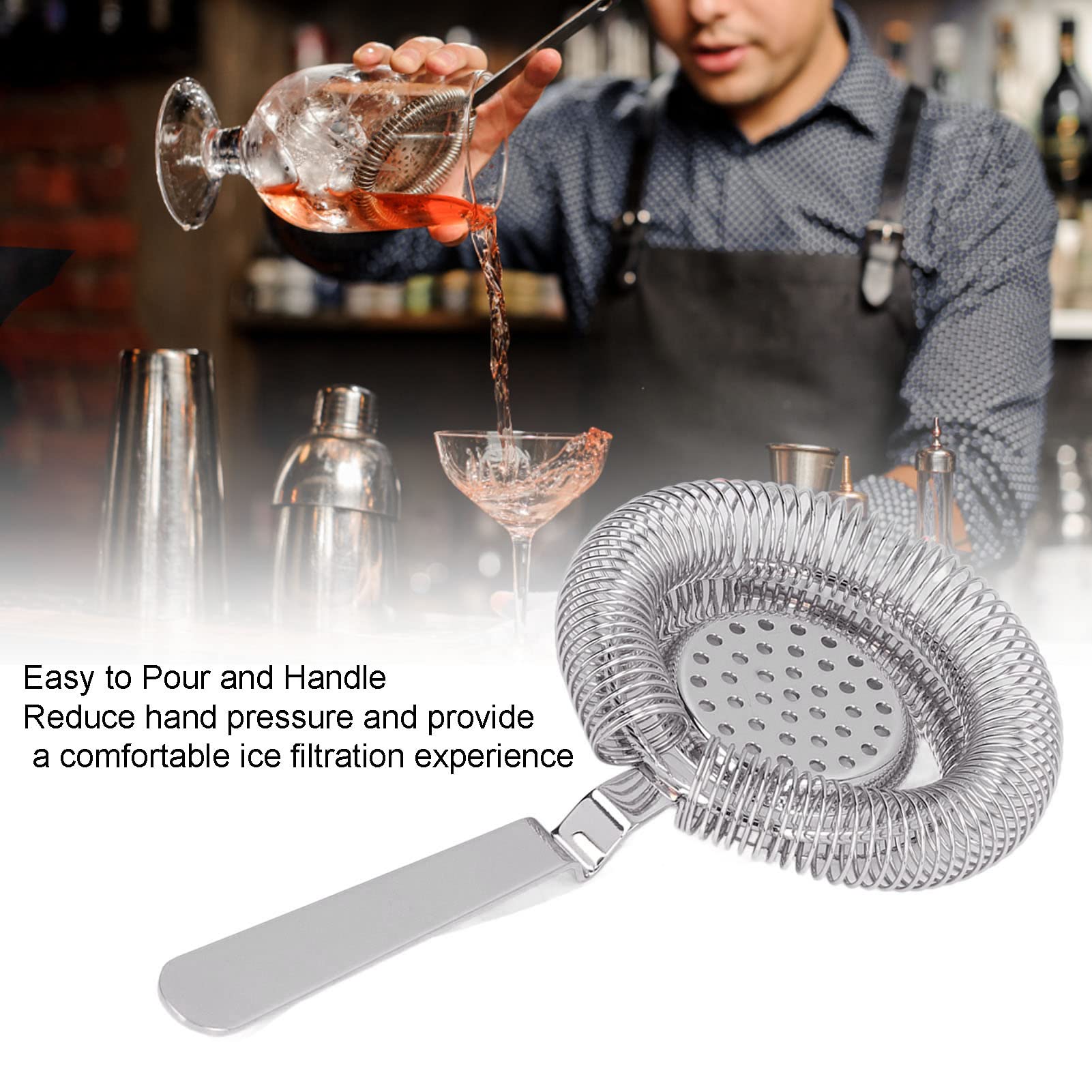 Premium Stainless Steel Cocktail Strainer with Full Round High-Density Spring - Bar Strainer for Home & Professional Bartenders - Perfect for Mixing Martinis, Mojitos & Craft Cocktails (Silver)