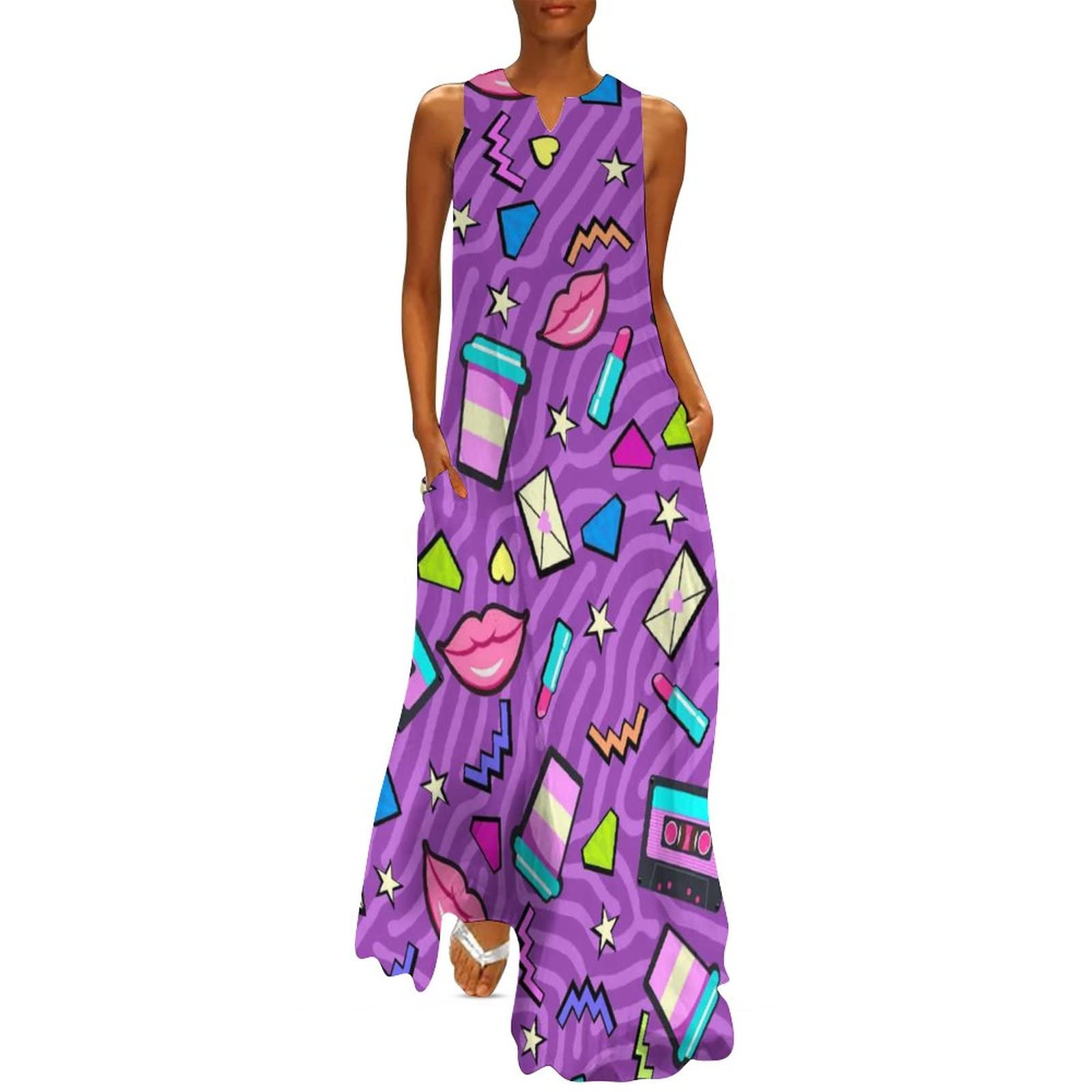 Vintage 80s 90s Retro Floral Summer Dresses for Women - Sleeveless Hawaiian Maxi Beach Dress with Lip Print | Casual Boho Sundress for Vacation, Pool Party & Tropical Getaways