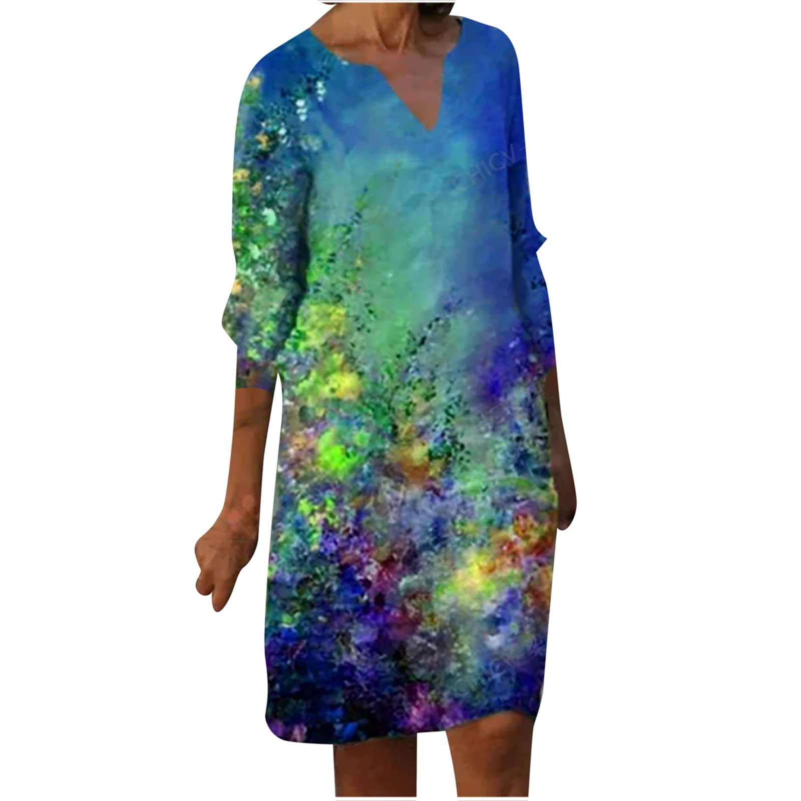 Stylish Women's Summer Half Sleeve V-Neck Printed T-Shirt Dress - Casual Loose Fit Midi Dress for Work, Beach & Everyday Wear | Elegant Fashion Dress for Women
