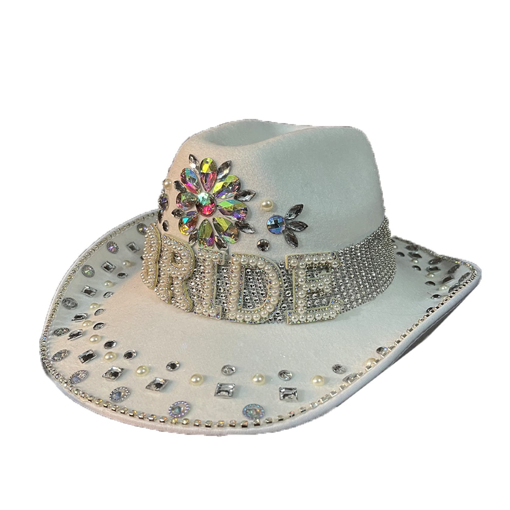 EBRICON White Cowboy Hat for Women - Rhinestone & Pearl Embellished Wool Western Cowgirl Hat with Wide Brim | Perfect for Weddings, Rodeos & Country Music Festivals