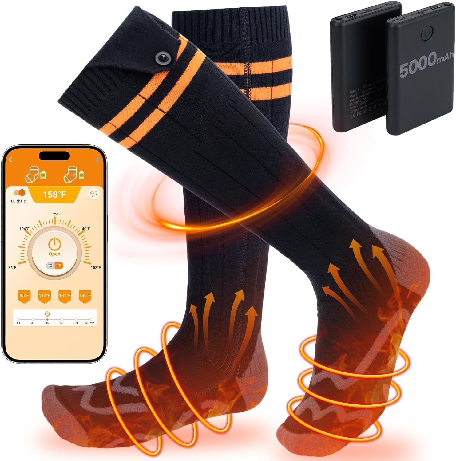 5000mAh Rechargeable Heated Socks for Men & Women - APP Controlled Electric Warm Socks for Winter - Perfect for Hunting, Hiking, Riding & Outdoor Work - Stay Warm in Cold Weather