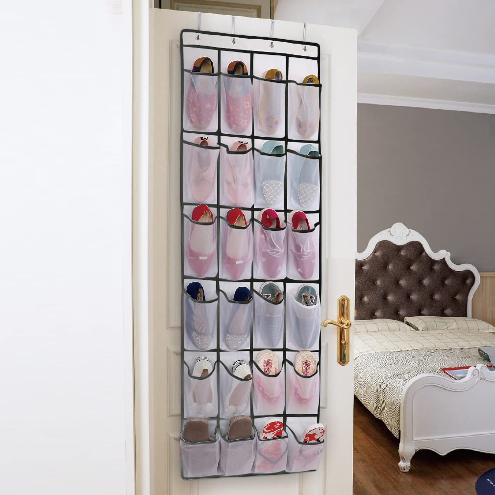 Aosome Over The Door Hanging Pantry Organizer - 24 Large Mesh Pockets Storage Bag for Shoes, Toys, and Household Items - White - Perfect for Bedroom, Bathroom, and Kitchen Organization