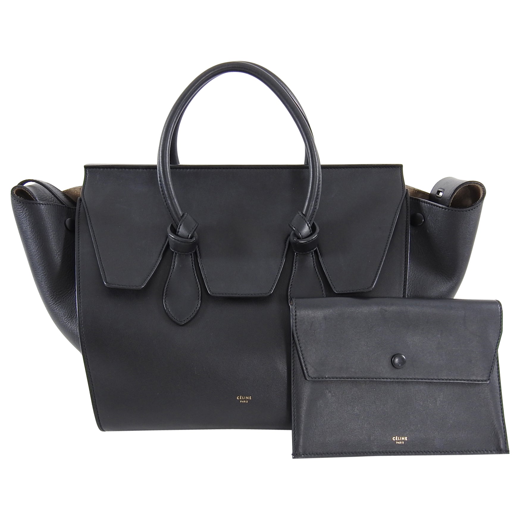 Celine Black Smooth Leather Tie Bag with Pouch - Stylish Crossbody Purse for Women, Perfect for Work, Travel & Evening Events