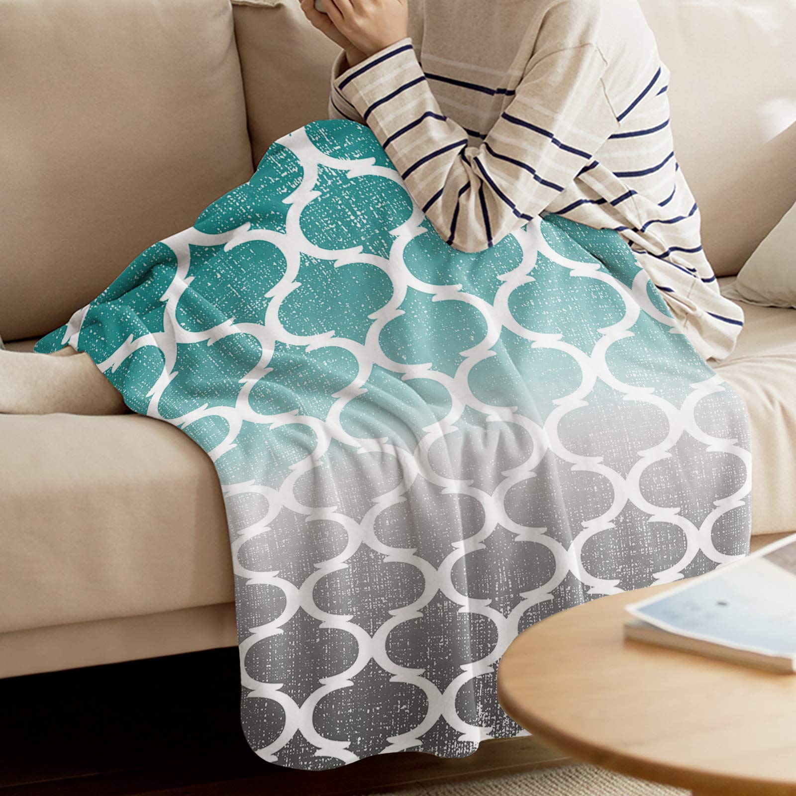 Soft Flannel Fleece Throw Blanket 60x80 Inches - Modern Ombre Turquoise Grey Moroccan Style Decorative Blanket for Bed, Couch, Sofa, Office & Camping - Cozy Abstract Design Home Decor Gift for Winter & Travel Use