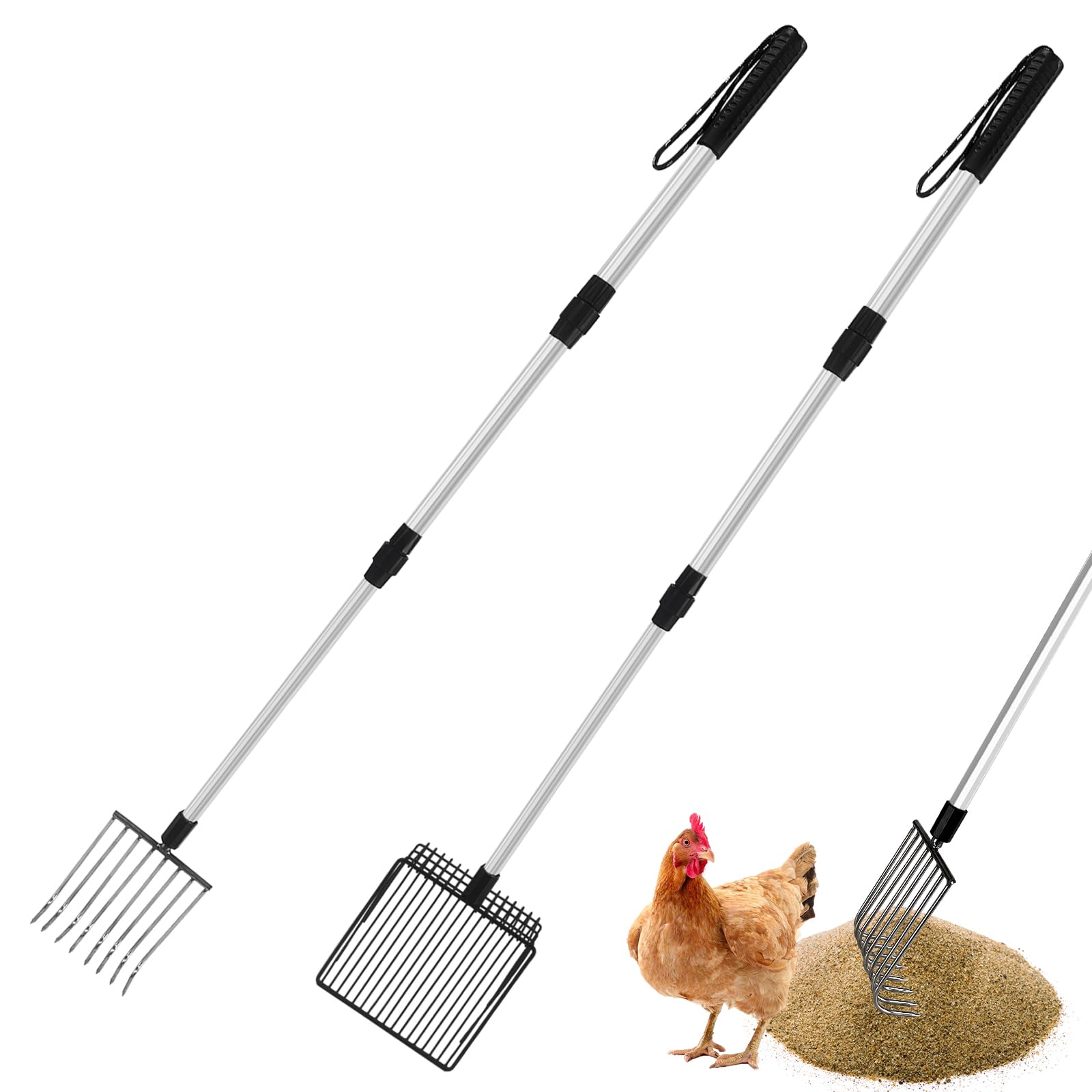 2 Pack Chicken Poop Scooper & Coop Rake - Retractable 3-in-1 Sifting Shovel with Detachable Handle for Easy Chicken Coop Cleaning | Durable Poultry Waste Removal Tools for Backyard Chicken Coops, Farms & Pet Enclosures