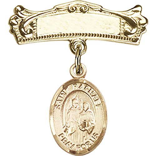 St. Raphael the Archangel Gold Filled Baby Badge - 7/8 X 3/4 Inch Arched Polished Charm Pin for Christening, Baptism & First Communion Gifts
