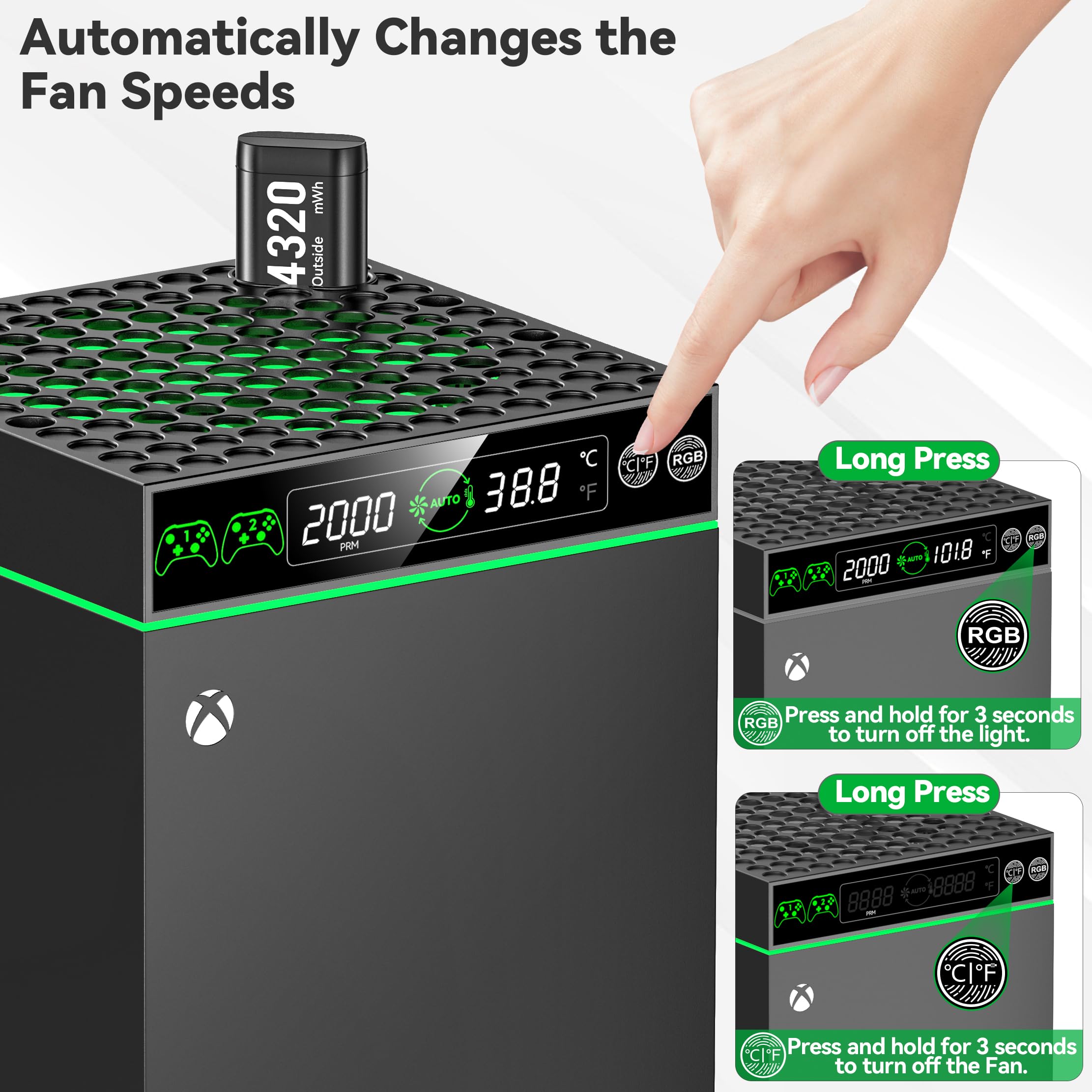Xbox Series X/S Cooling Fan with Auto Adjustable System - 2 Pack Rechargeable 4320mWh Battery, Built-in Cooling Fans, Controller & Headset Holders - Perfect for Gaming Marathons & Hot Weather Play